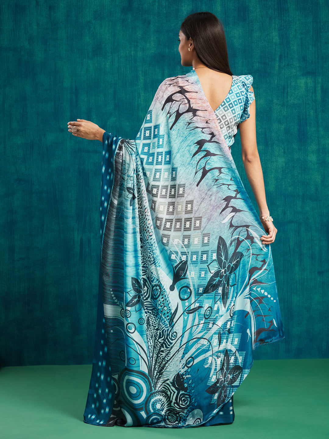 Blue Silk Crepe Designer Digital Printed Ready To Wear Saree