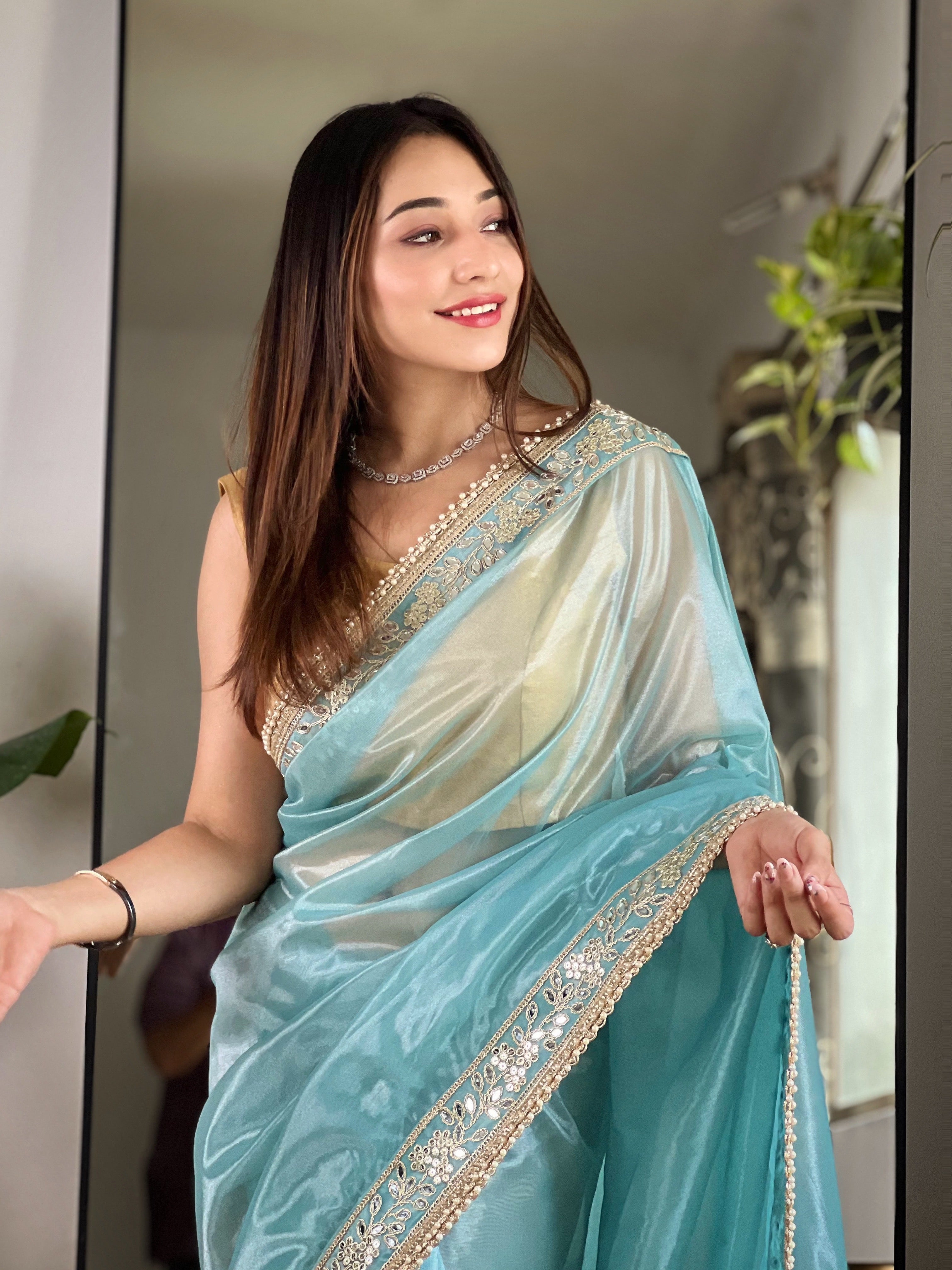 Blue Silver Tissue Silk Beautiful Sequins And Jari Embroidery Work Saree