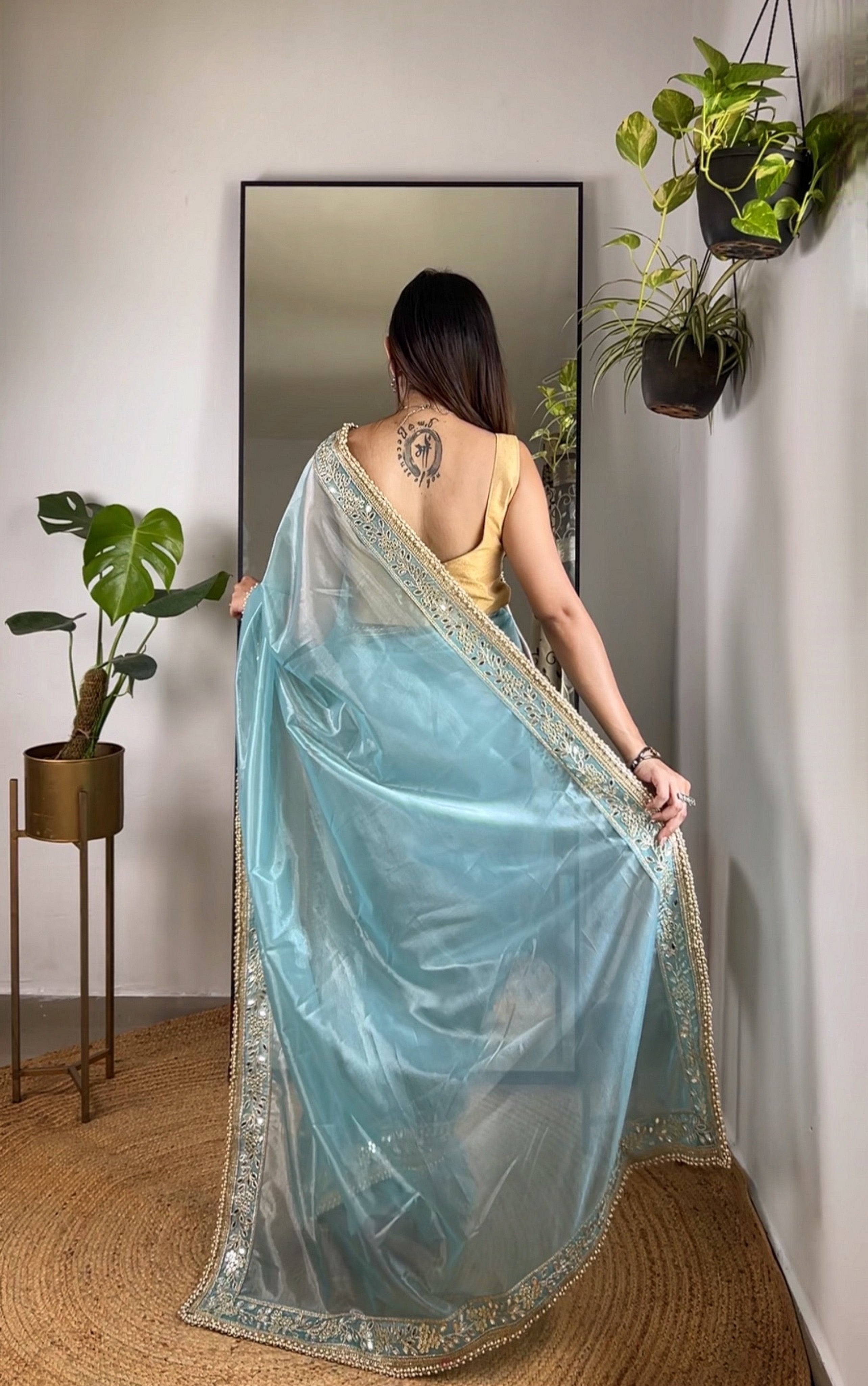 Blue Silver Tissue Silk Beautiful Sequins And Jari Embroidery Work Saree
