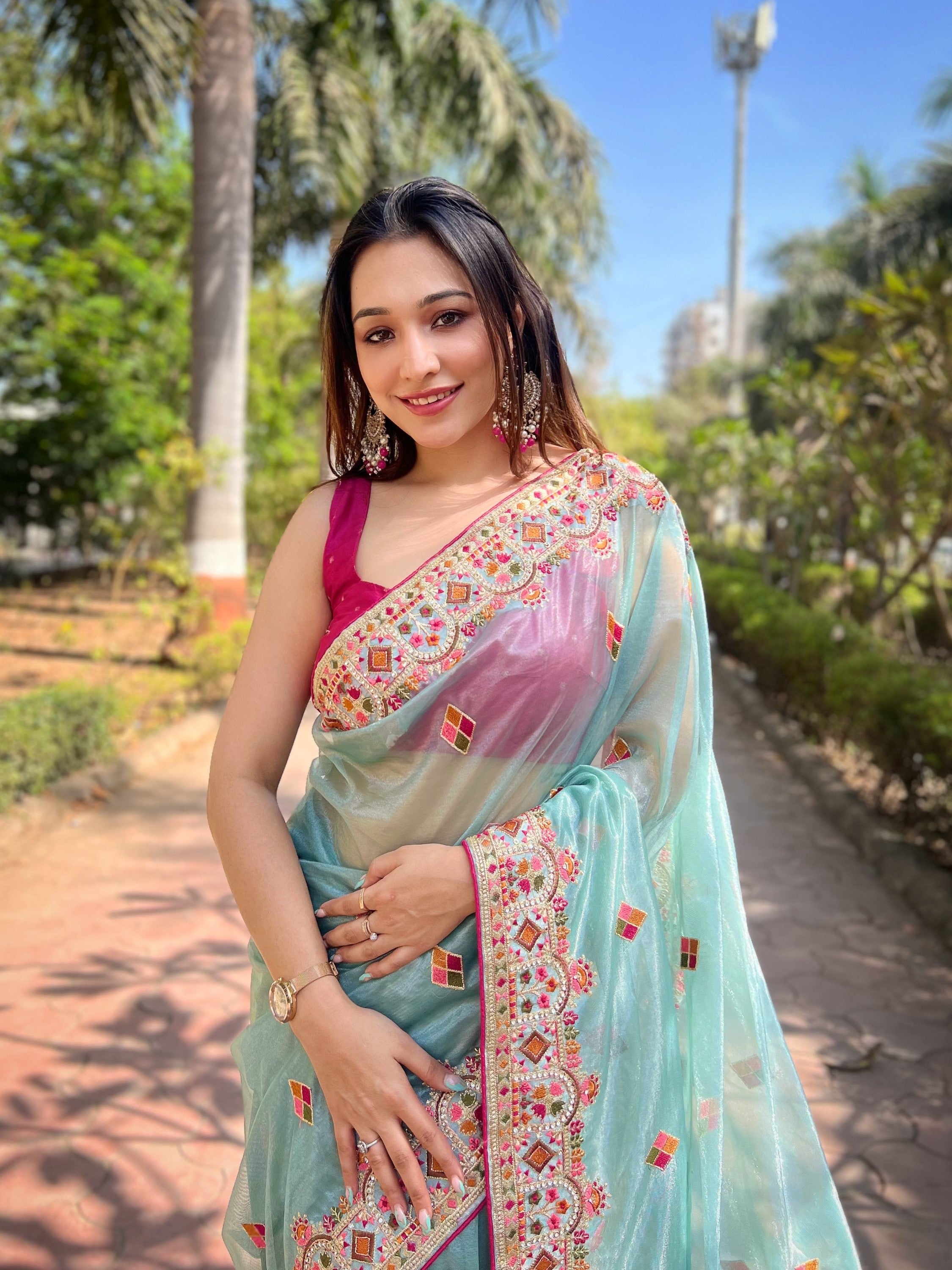 Blue Silver Tissue Silk Heavy Embroidery Saree For Beautiful Ceremonial Saree