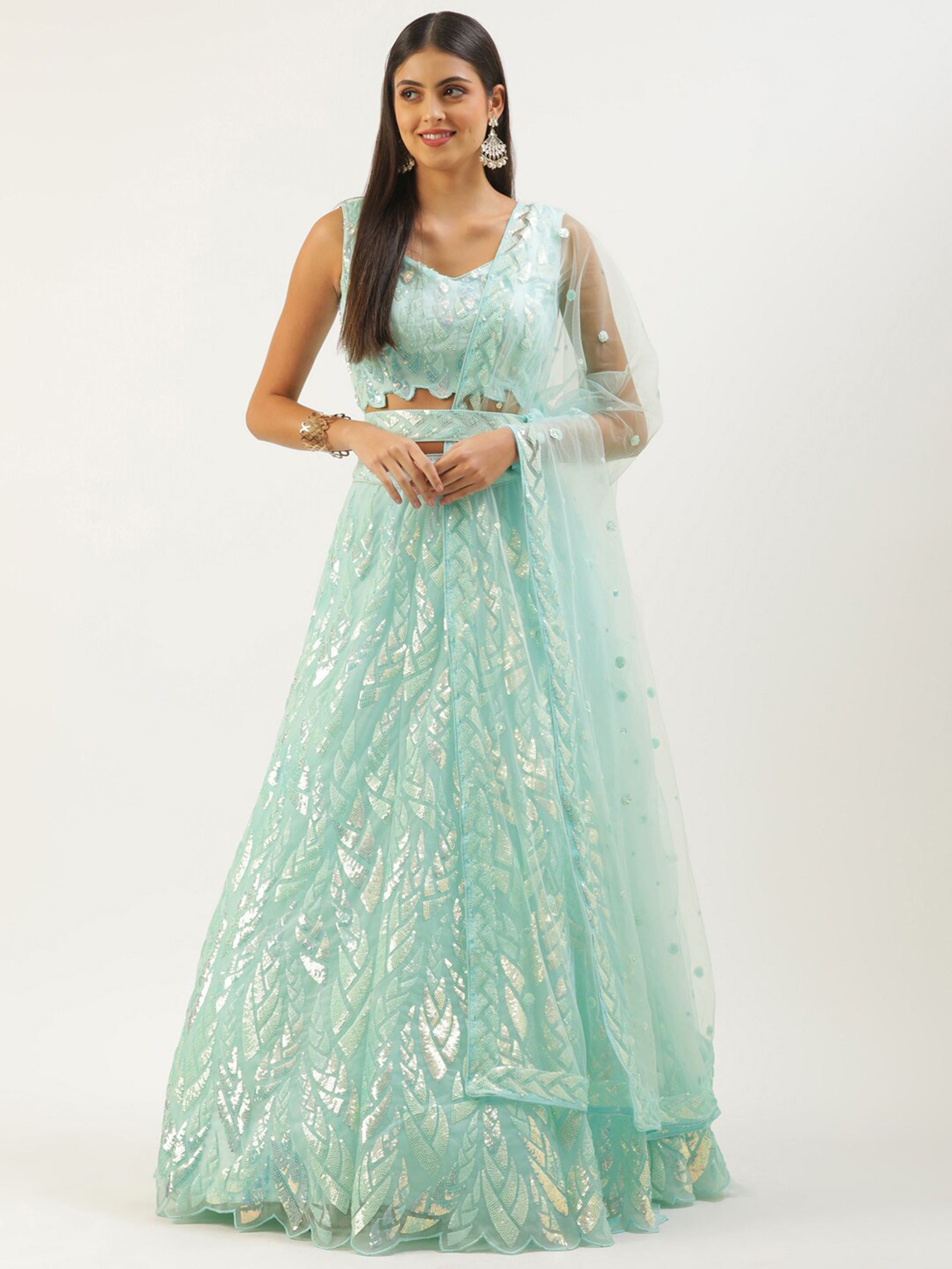 Blue Soft Net Lehenga Choli With Multiple Sequins, Thread Embroidery Work