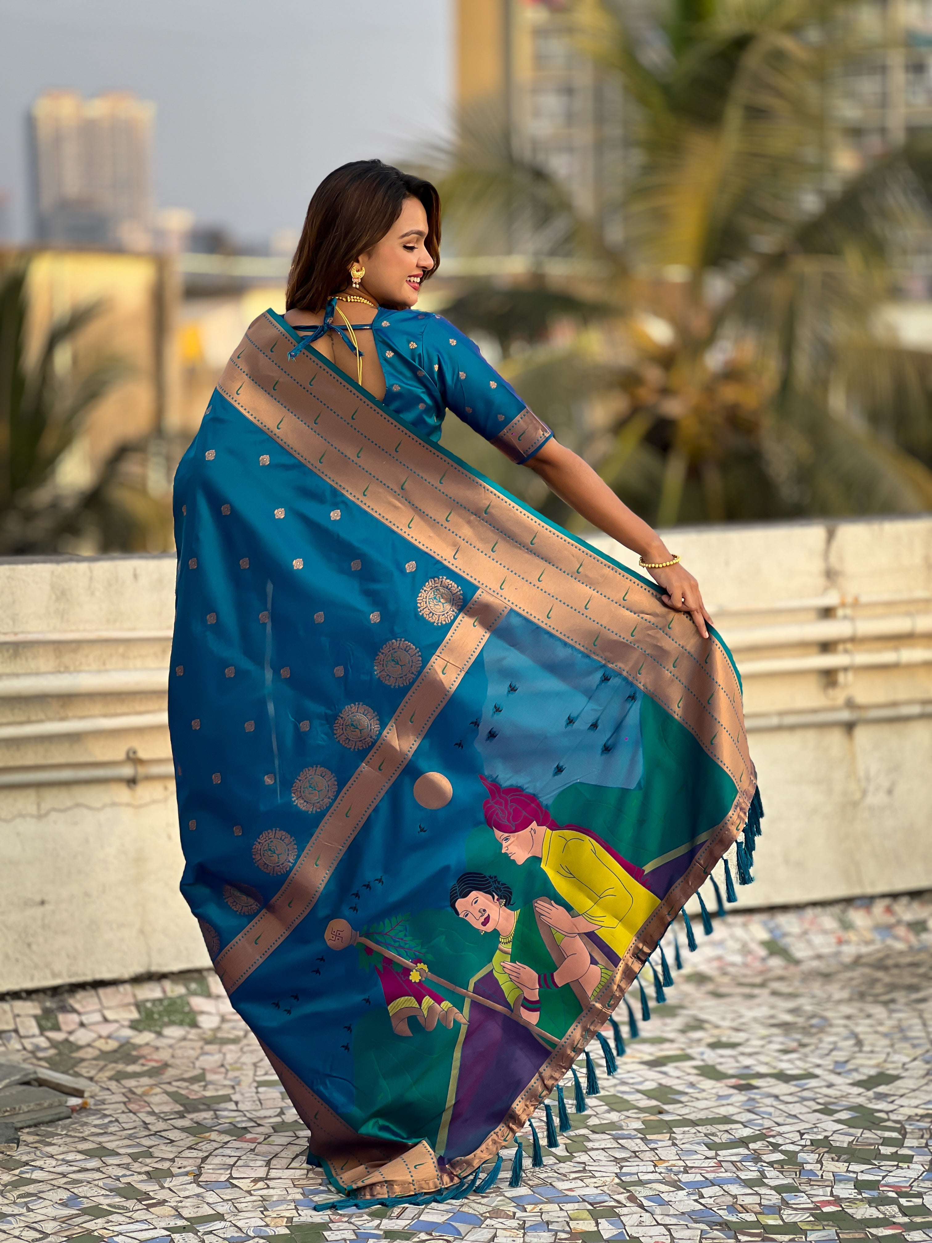 Blue Soft Silk Weaving Figure Pallu Designer Ceremonial Saree