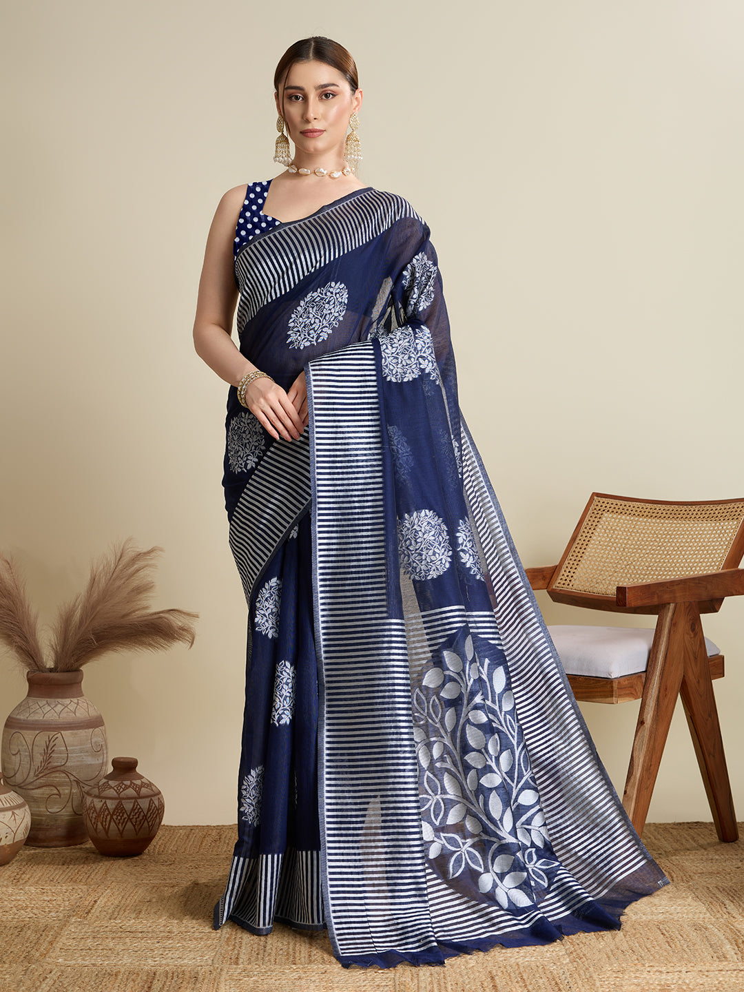 Blue Soft Silk Woven Flower Designer Stylish Partywear Saree