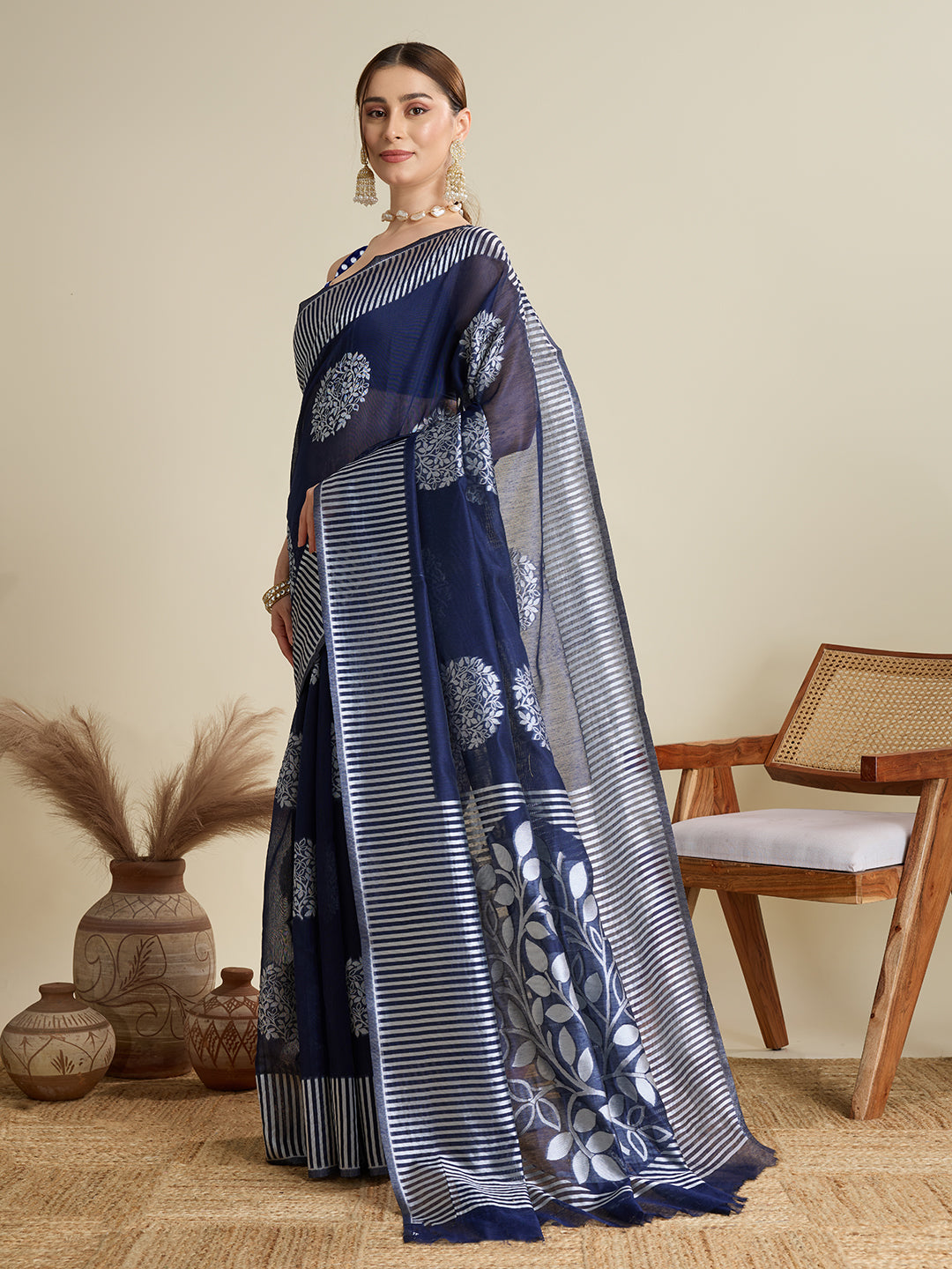 Blue Soft Silk Woven Flower Designer Stylish Partywear Saree