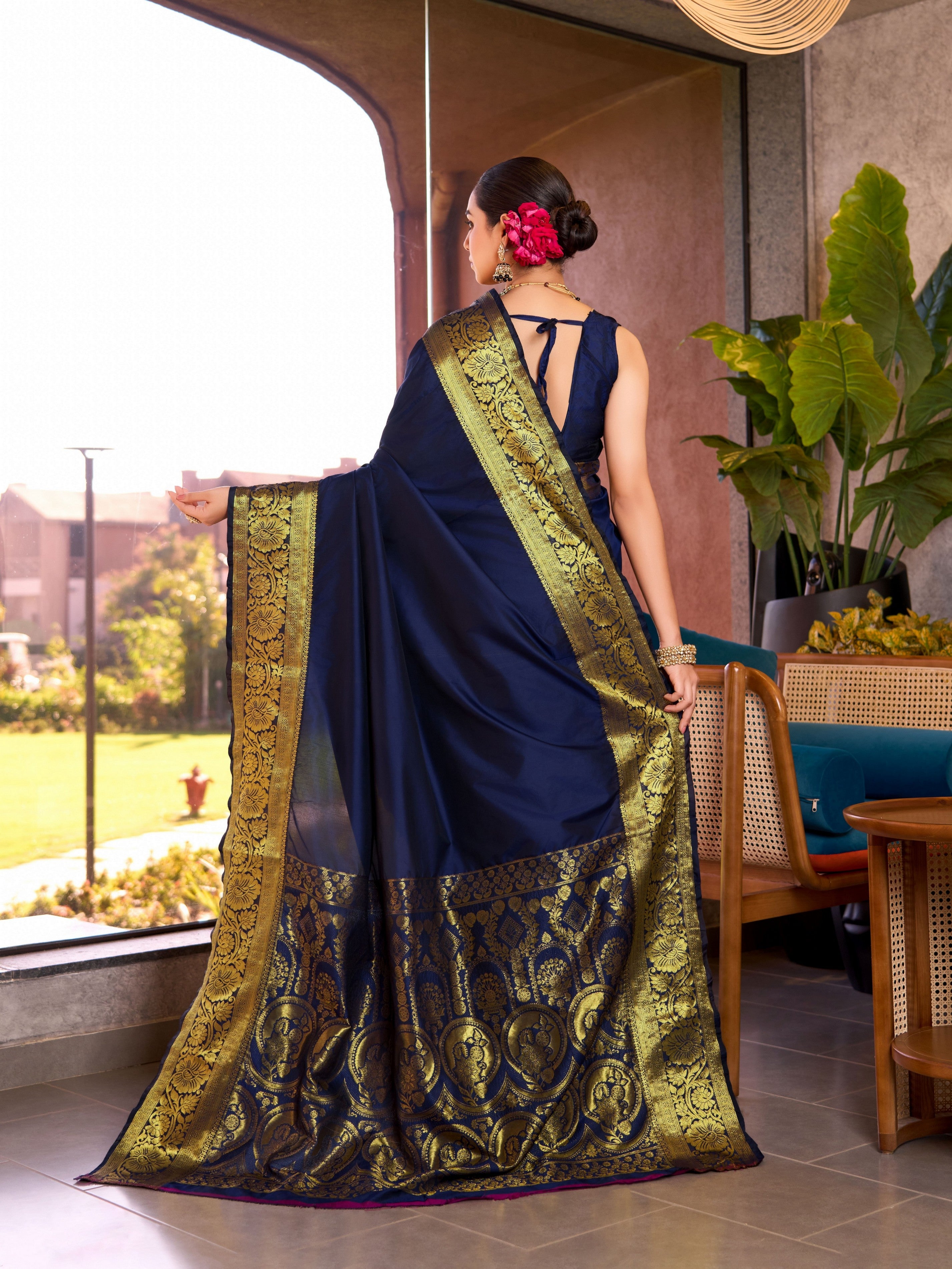 Blue Soft Silk Woven Jari Designer Heavy Partywear Saree