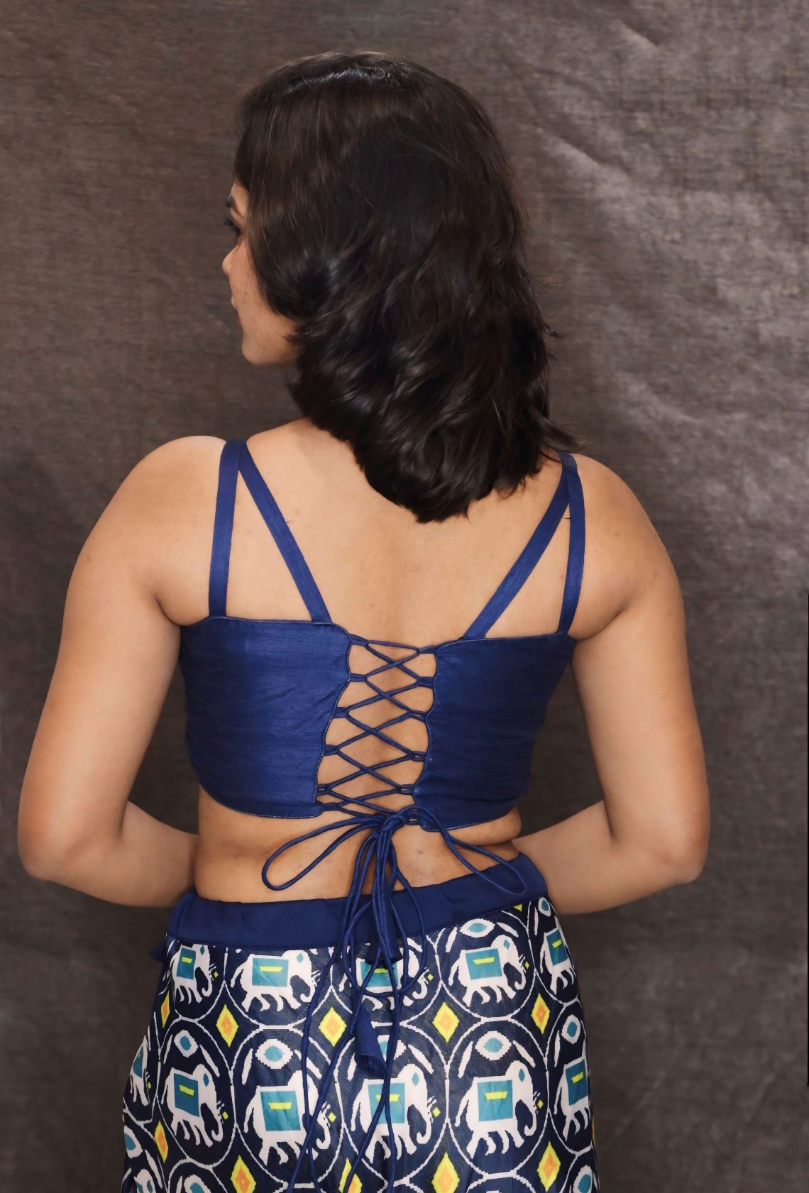 Blue Strappy Sleeveless Raw Silk Blouse With V Neckline