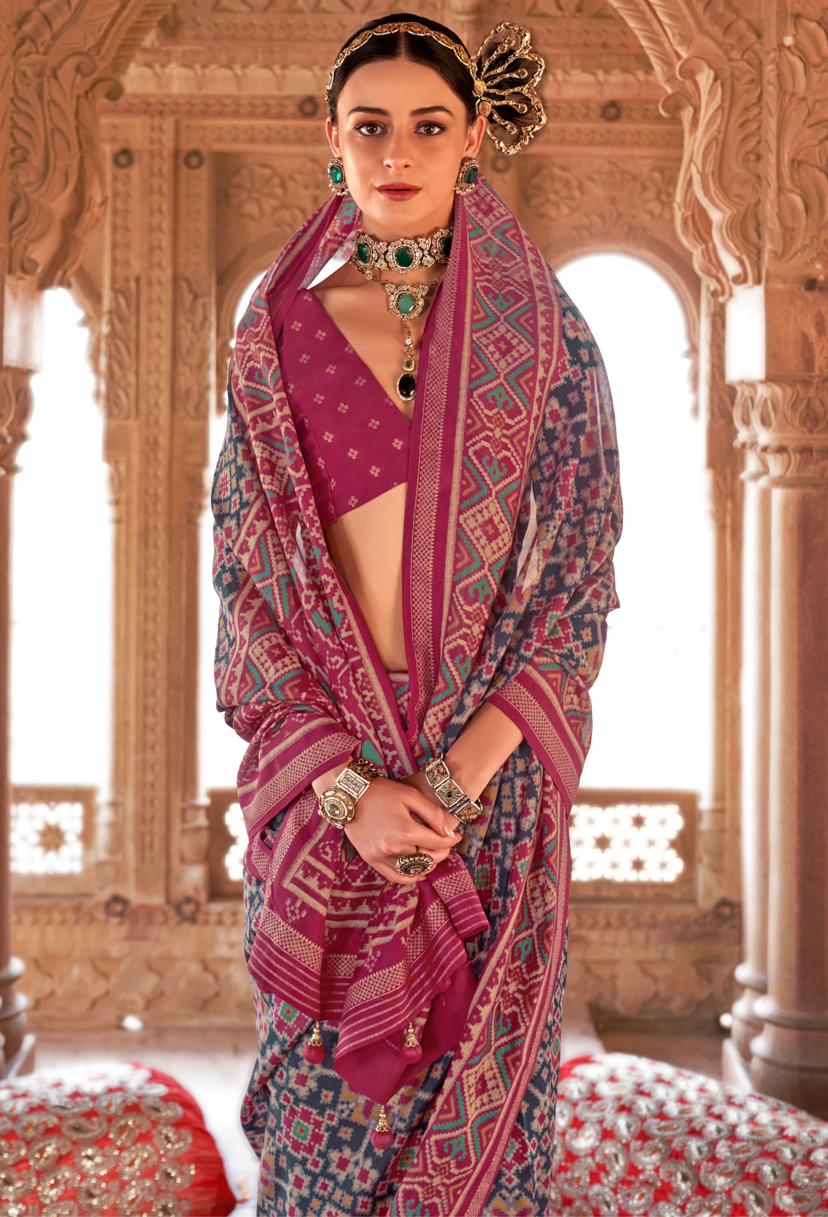 Blue Super Georgette Saree With Patola Print