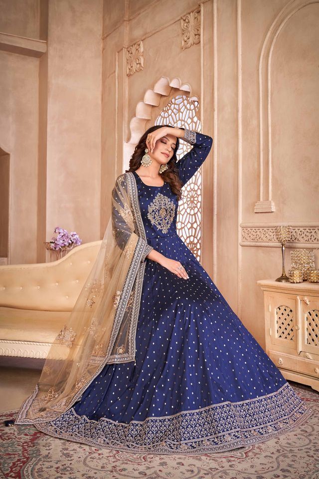 Blue Taffeta Butti Heavy Thread Embroidery Sequins Work Anarkali Suits