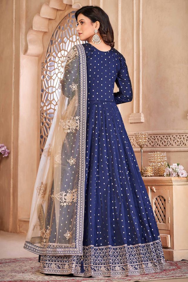 Blue Taffeta Butti Heavy Thread Embroidery Sequins Work Anarkali Suits