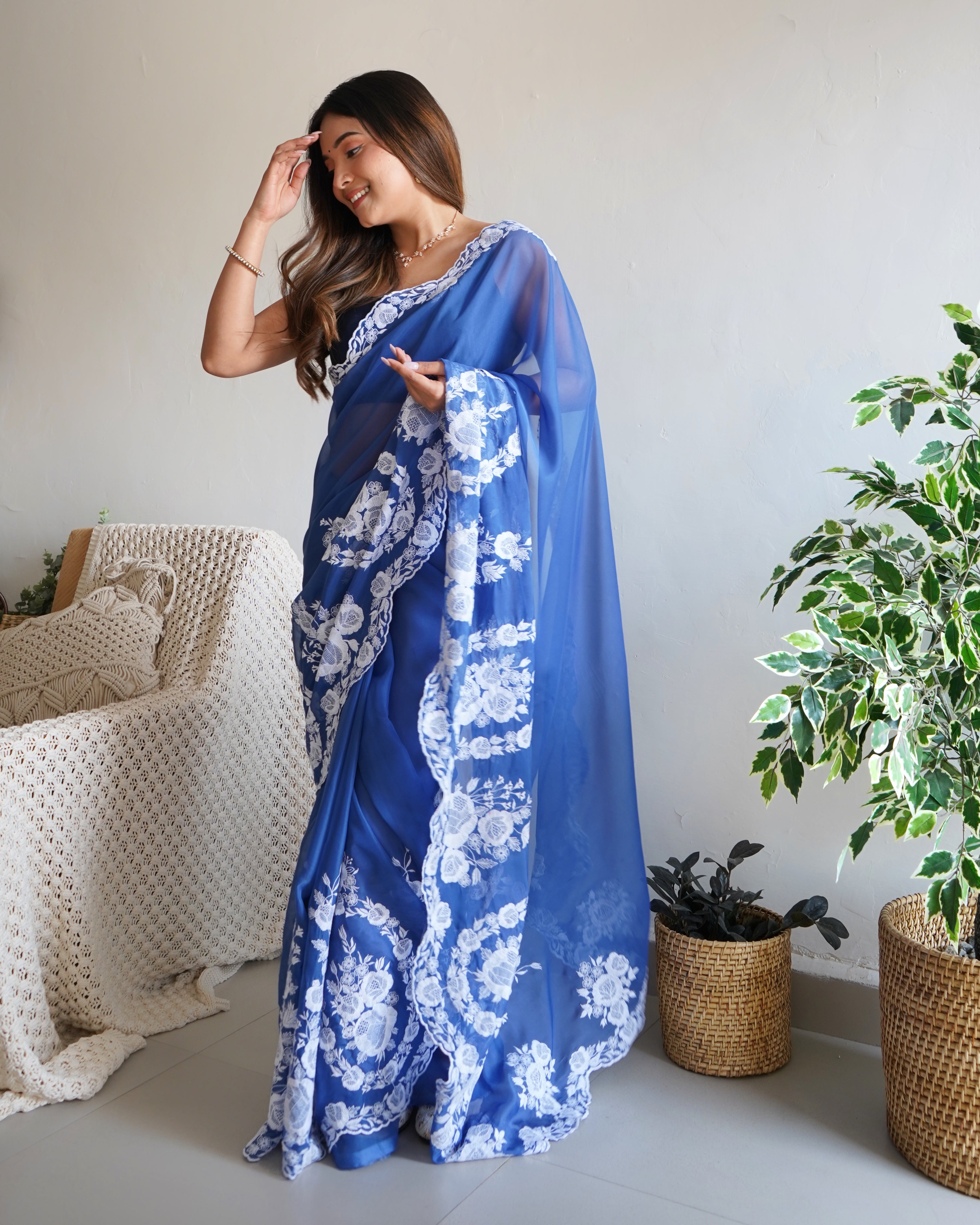 Blue Thai Organza Silk Fancy Thread Embroidery With Cut Dana Work Saree