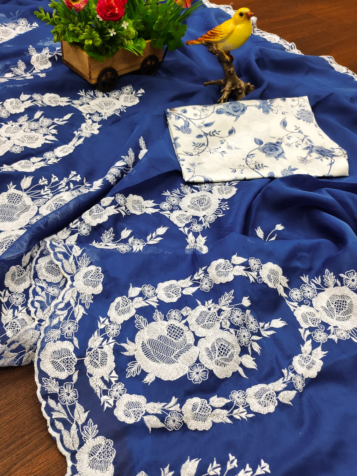 Blue Thai Organza Silk Fancy Thread Embroidery With Cut Dana Work Saree