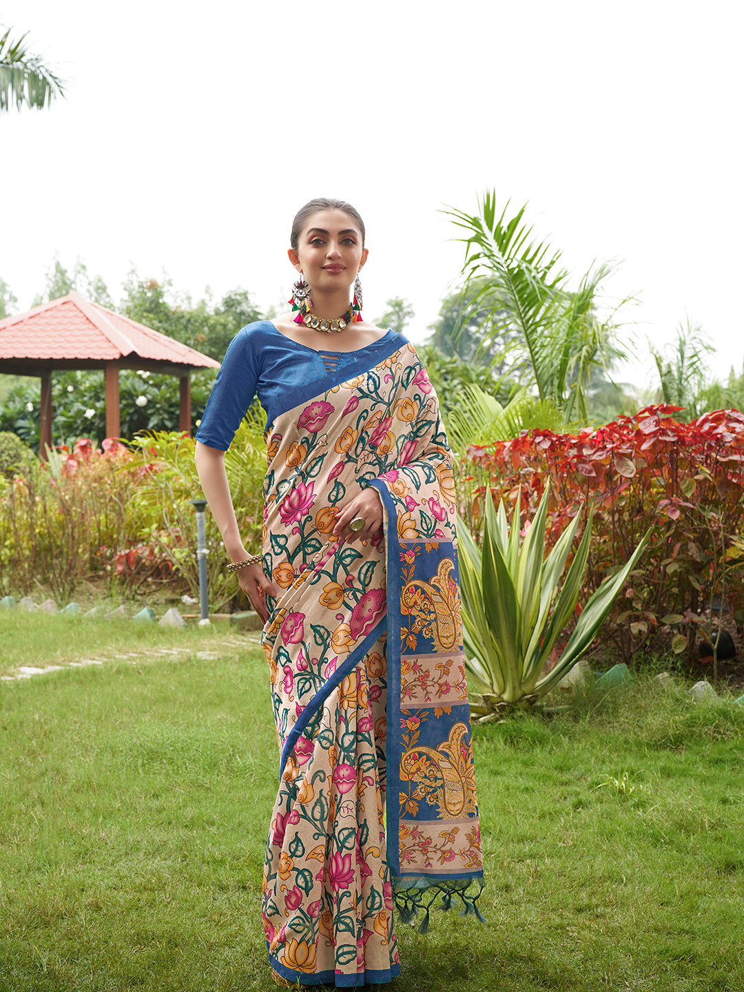 Blue Tussar Silk Designer Kalamkari Printed Traditional Ethnic Indian Saree