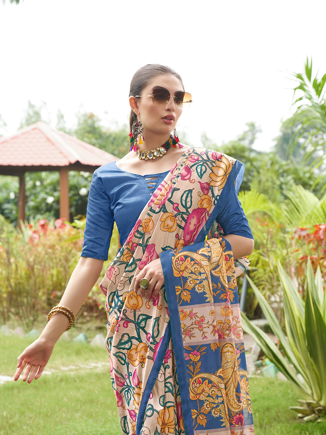 Blue Tussar Silk Designer Kalamkari Printed Traditional Ethnic Indian Saree
