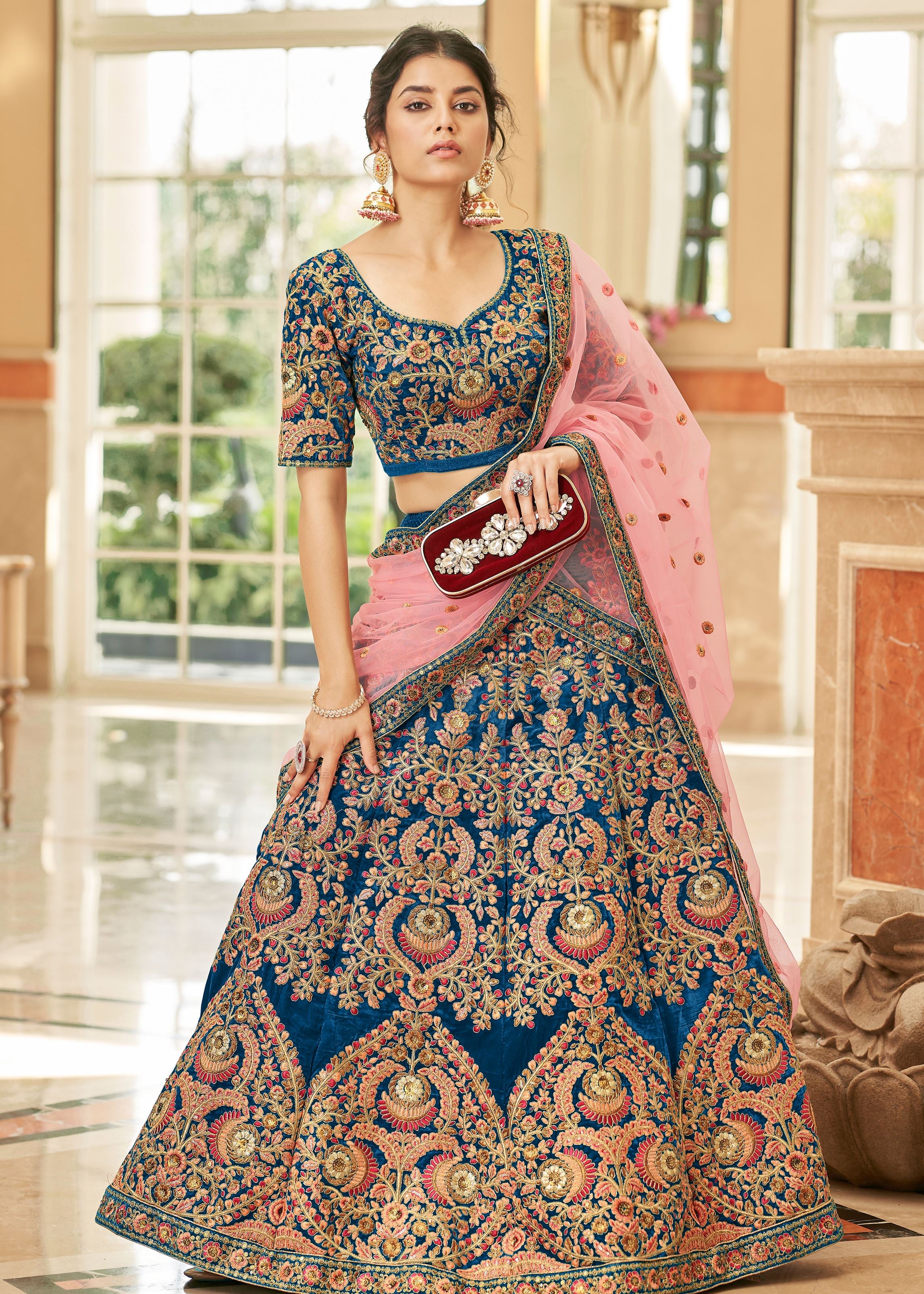 Blue Velvet Lehenga Choli With Thread, Zari, Dori and Sequins Embroidery Work