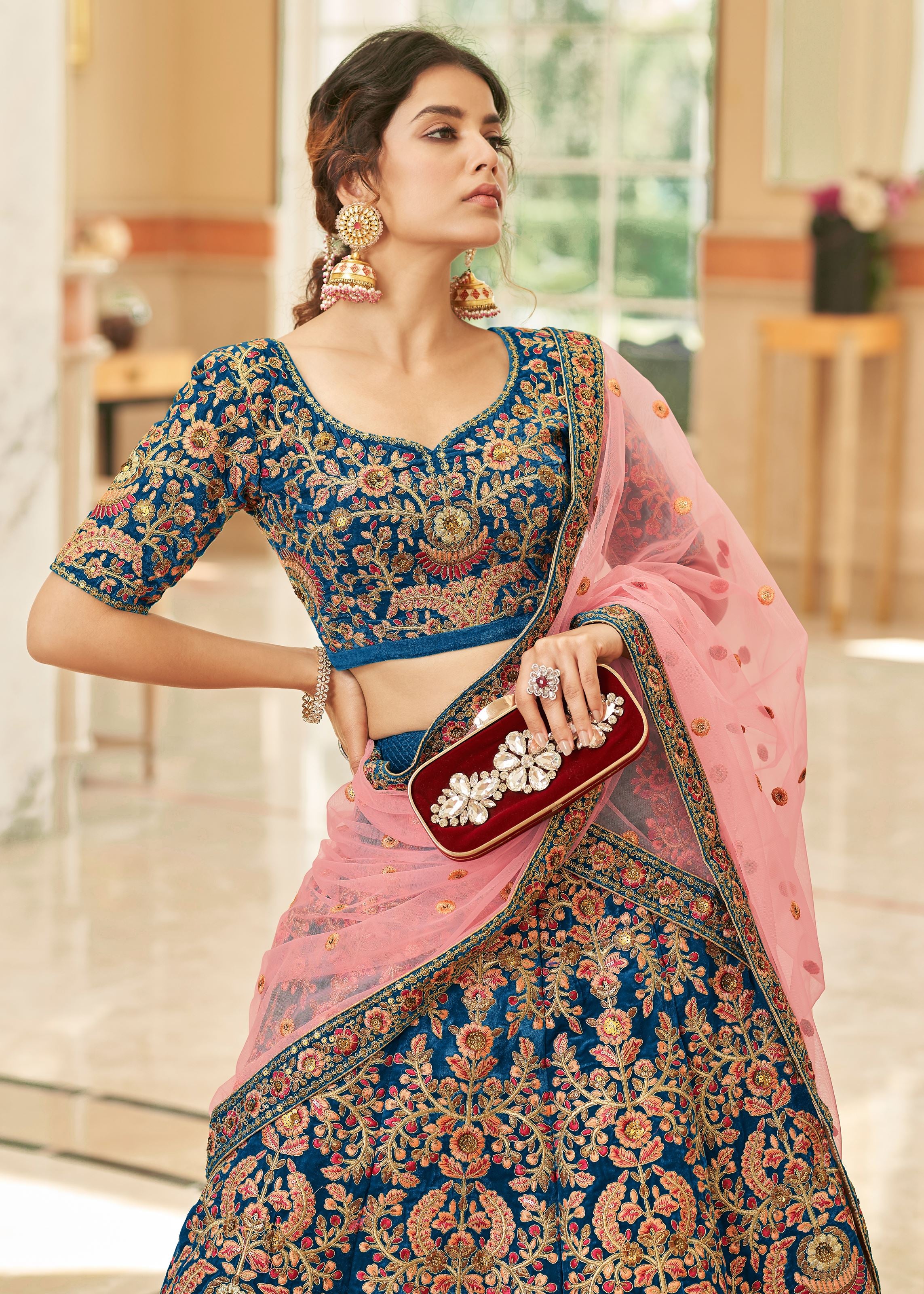 Blue Velvet Lehenga Choli With Thread, Zari, Dori and Sequins Embroidery Work