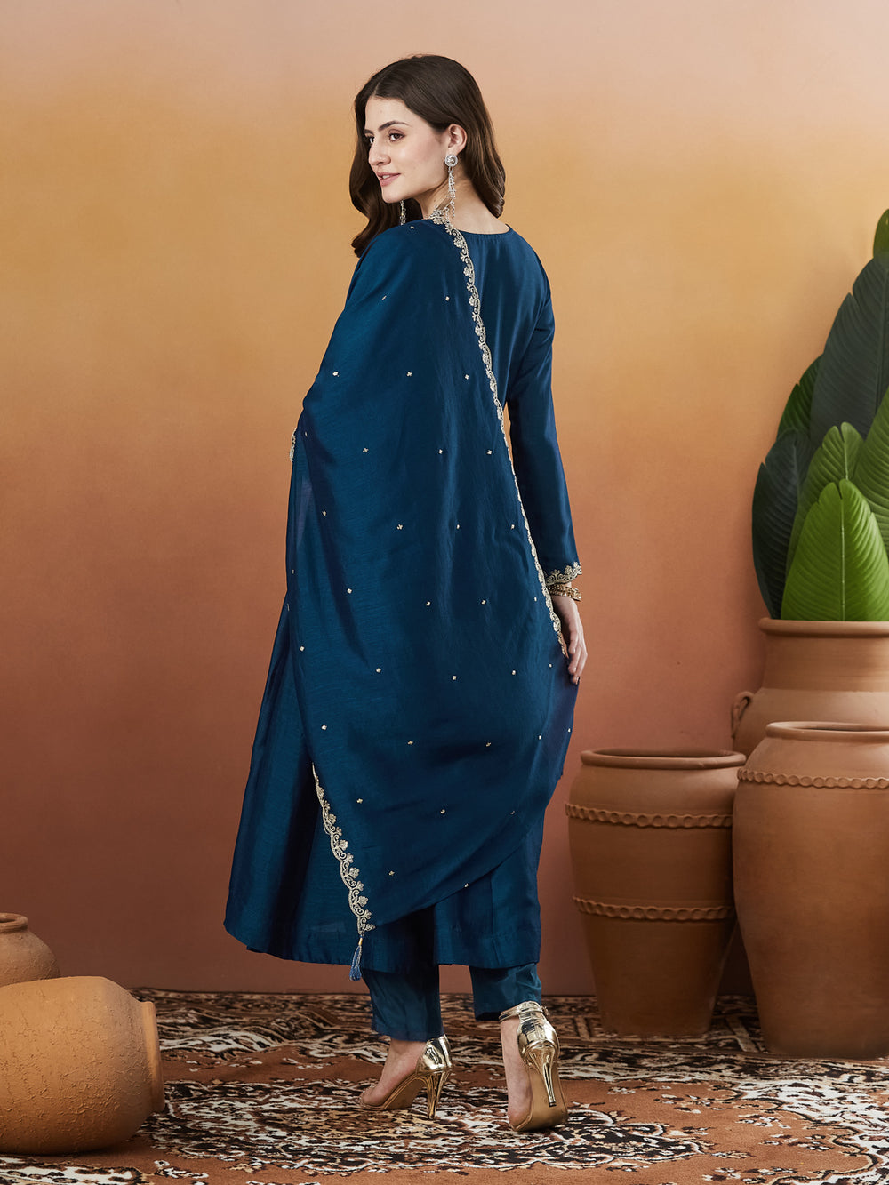 Blue Vichitra Silk Kurta Pant Set With Heavy Thread Embroidery Work