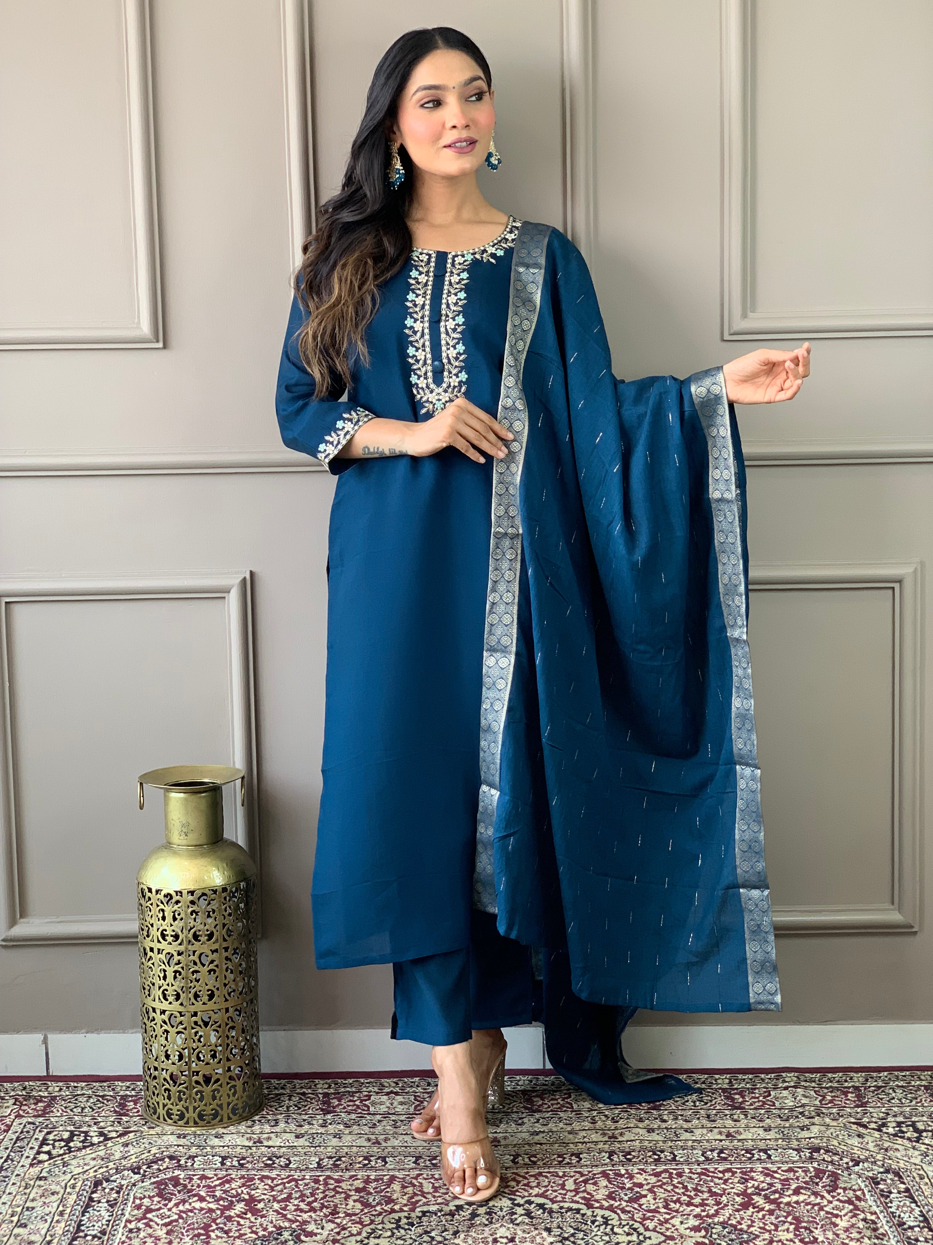 Blue Viscose Chanderi Kurta Pant With Heavy Thread Embroidery Work