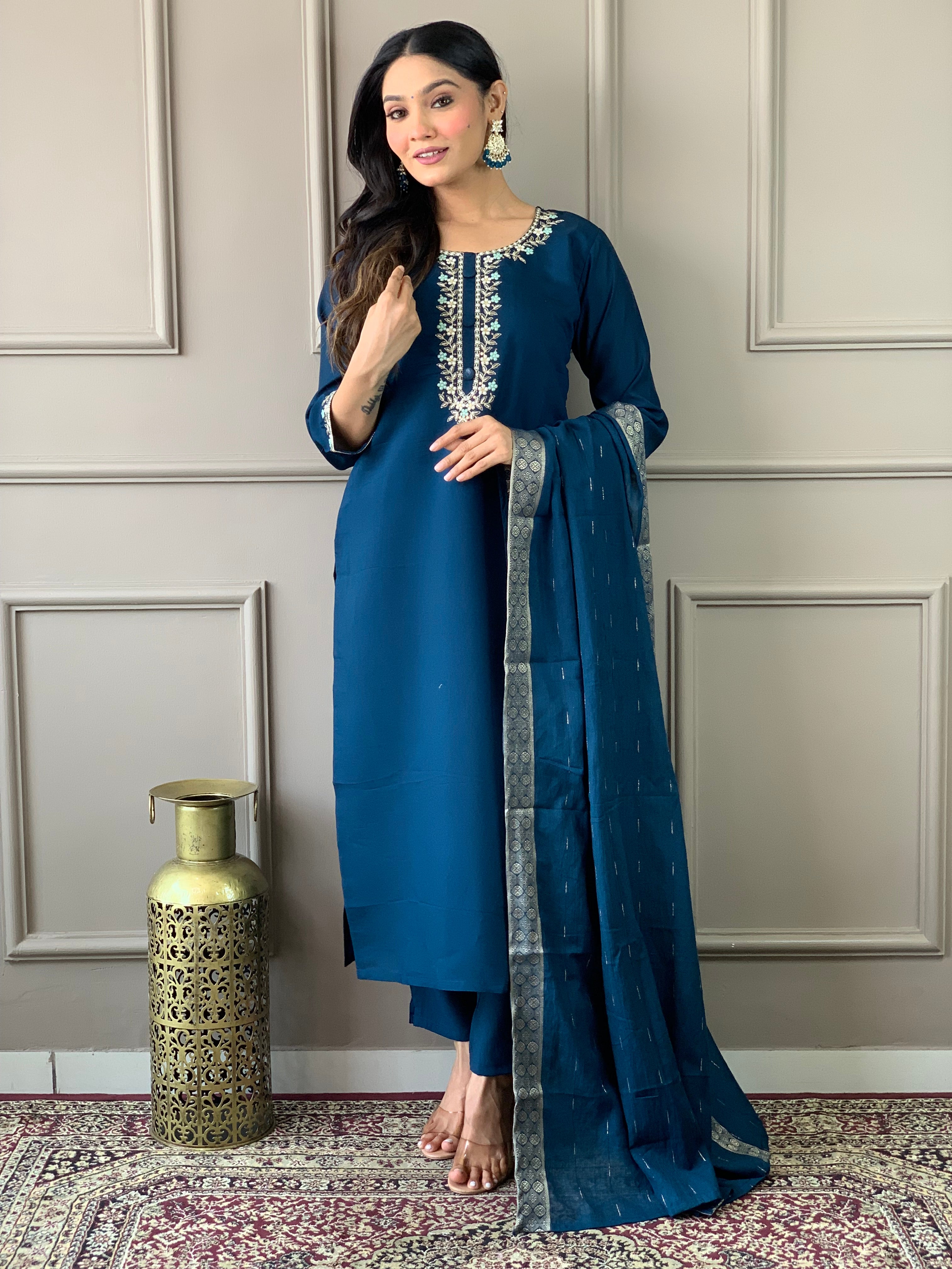 Blue Viscose Chanderi Kurta Pant With Heavy Thread Embroidery Work