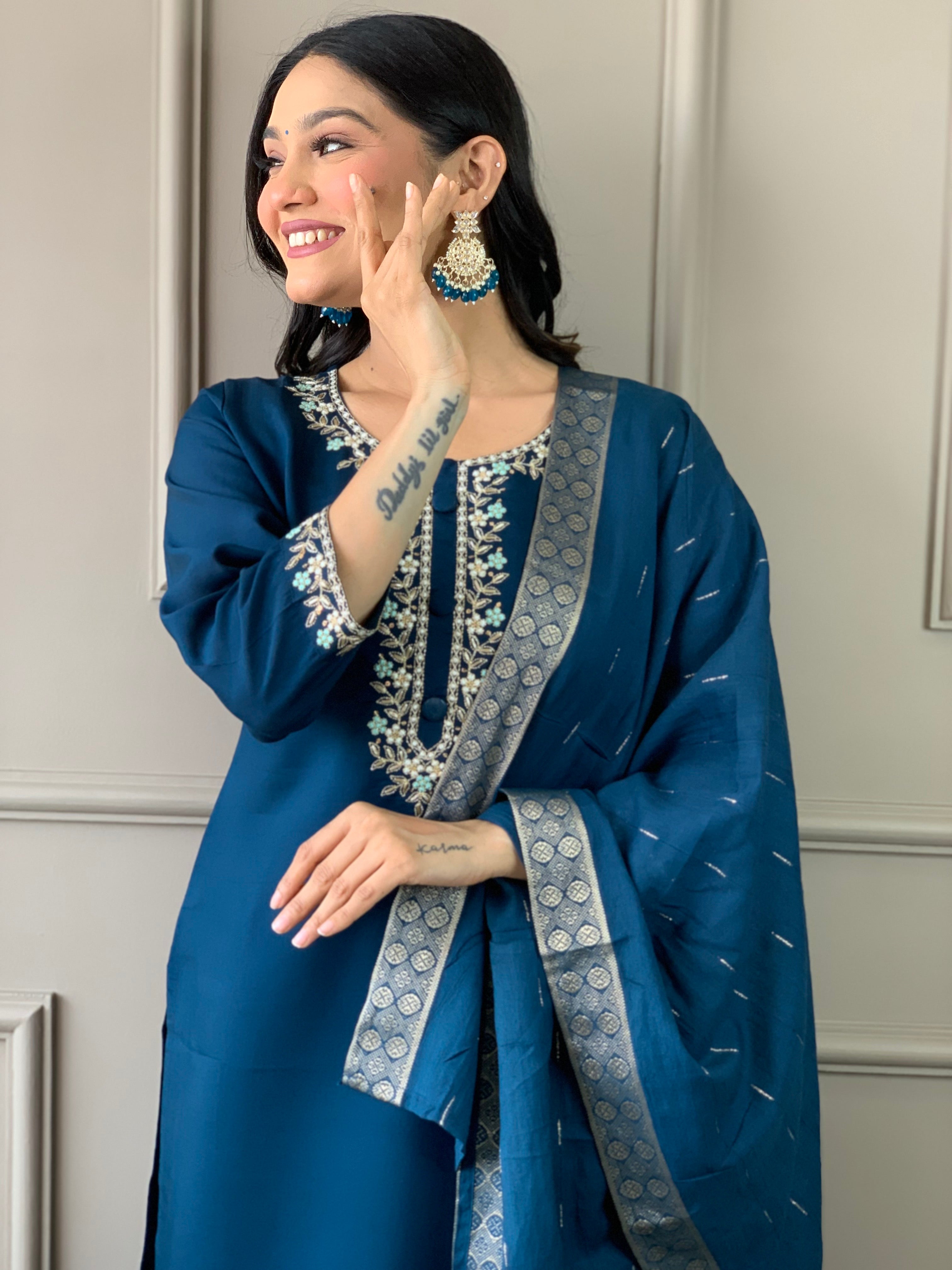 Blue Viscose Chanderi Kurta Pant With Heavy Thread Embroidery Work
