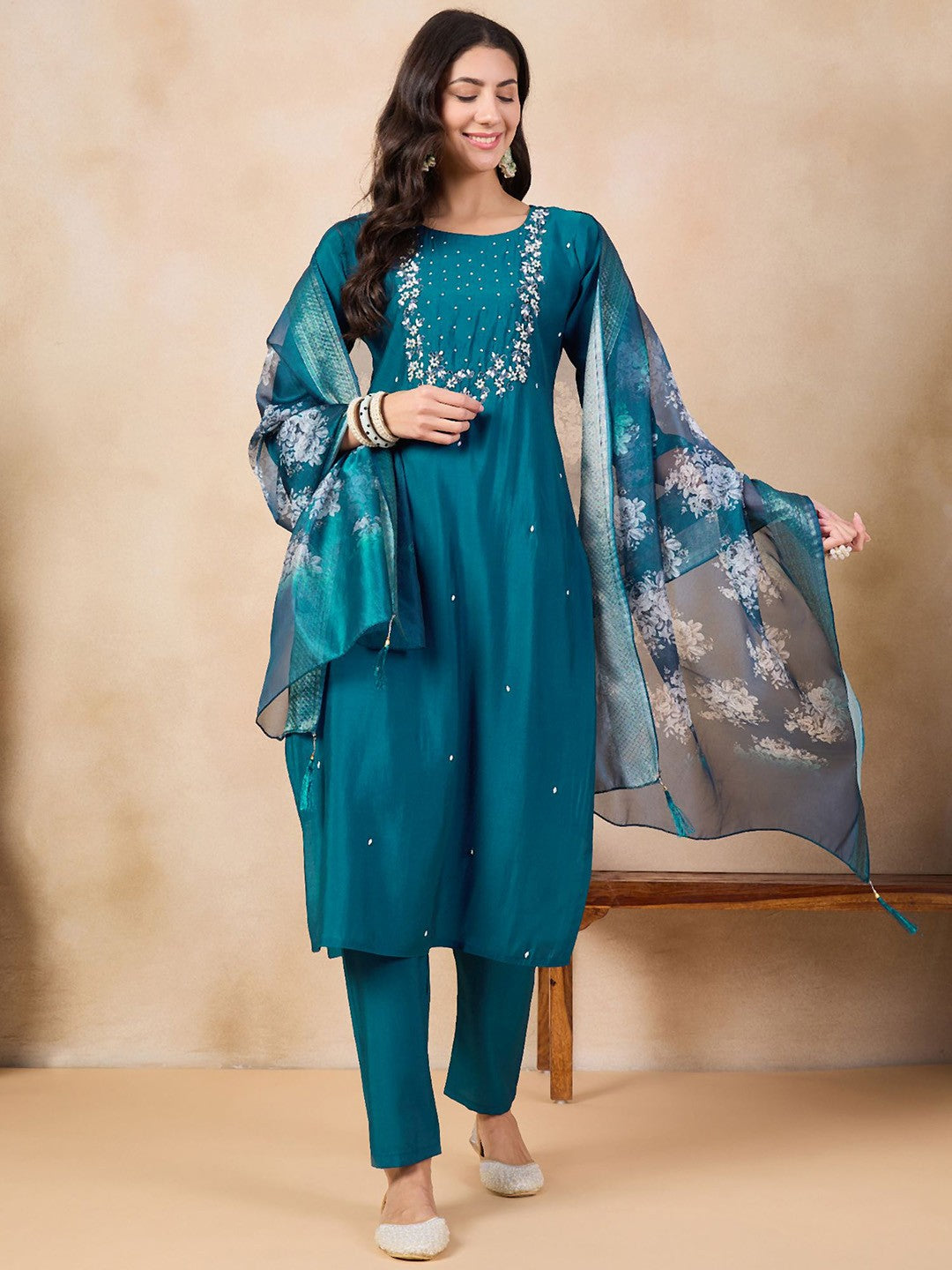 Blue Viscose Rayon Elegant Kurta Pant Set With Embroidery Work