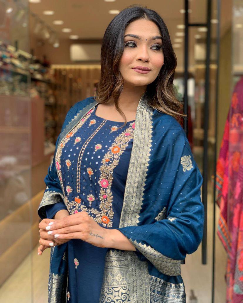 Blue Viscose Rayon Kurta Pant With Embroidery Work And jacquard Woven Dupatta