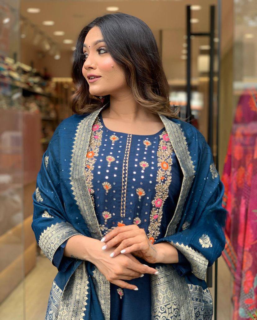 Blue Viscose Rayon Kurta Pant With Embroidery Work And jacquard Woven Dupatta