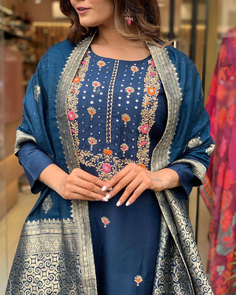 Blue Viscose Rayon Kurta Pant With Embroidery Work And jacquard Woven Dupatta