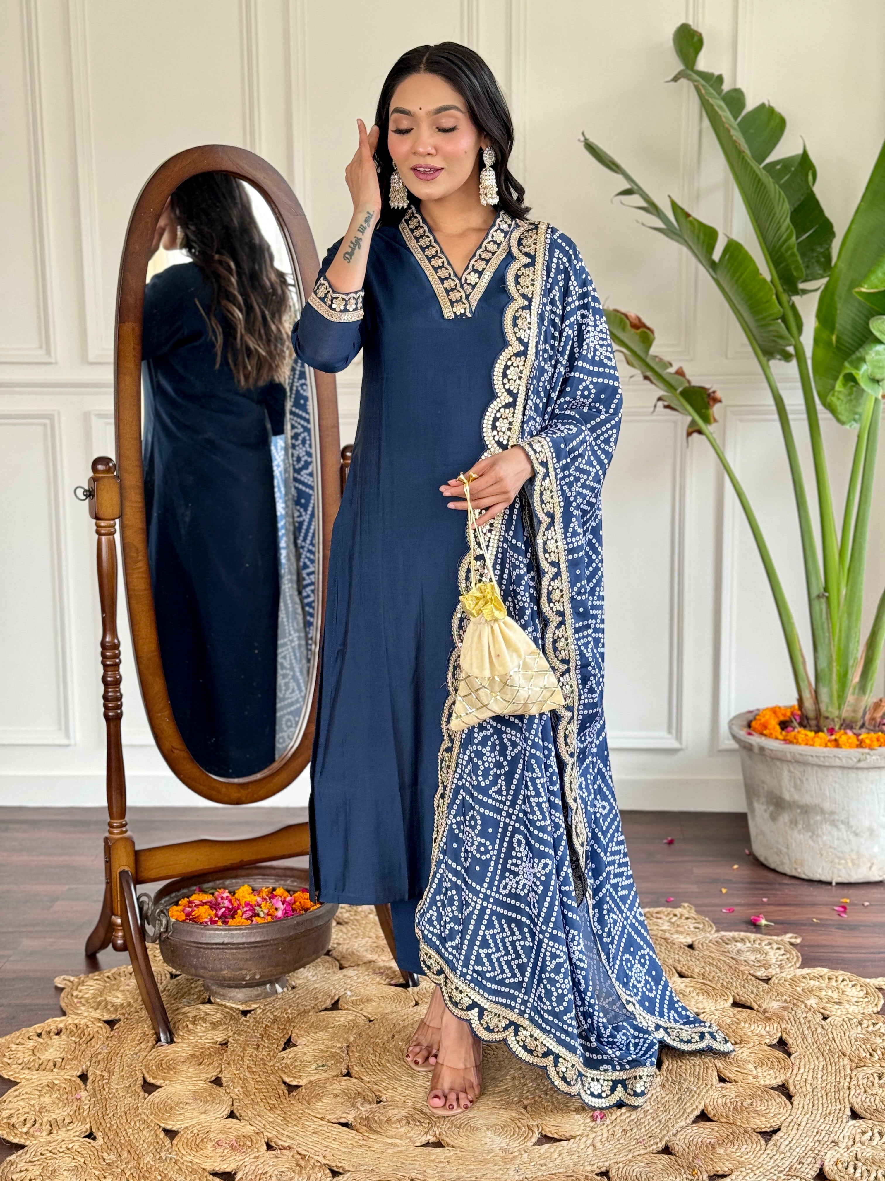 Blue Viscose Silk Elegant Kurta Pant Set With Embroidery Work