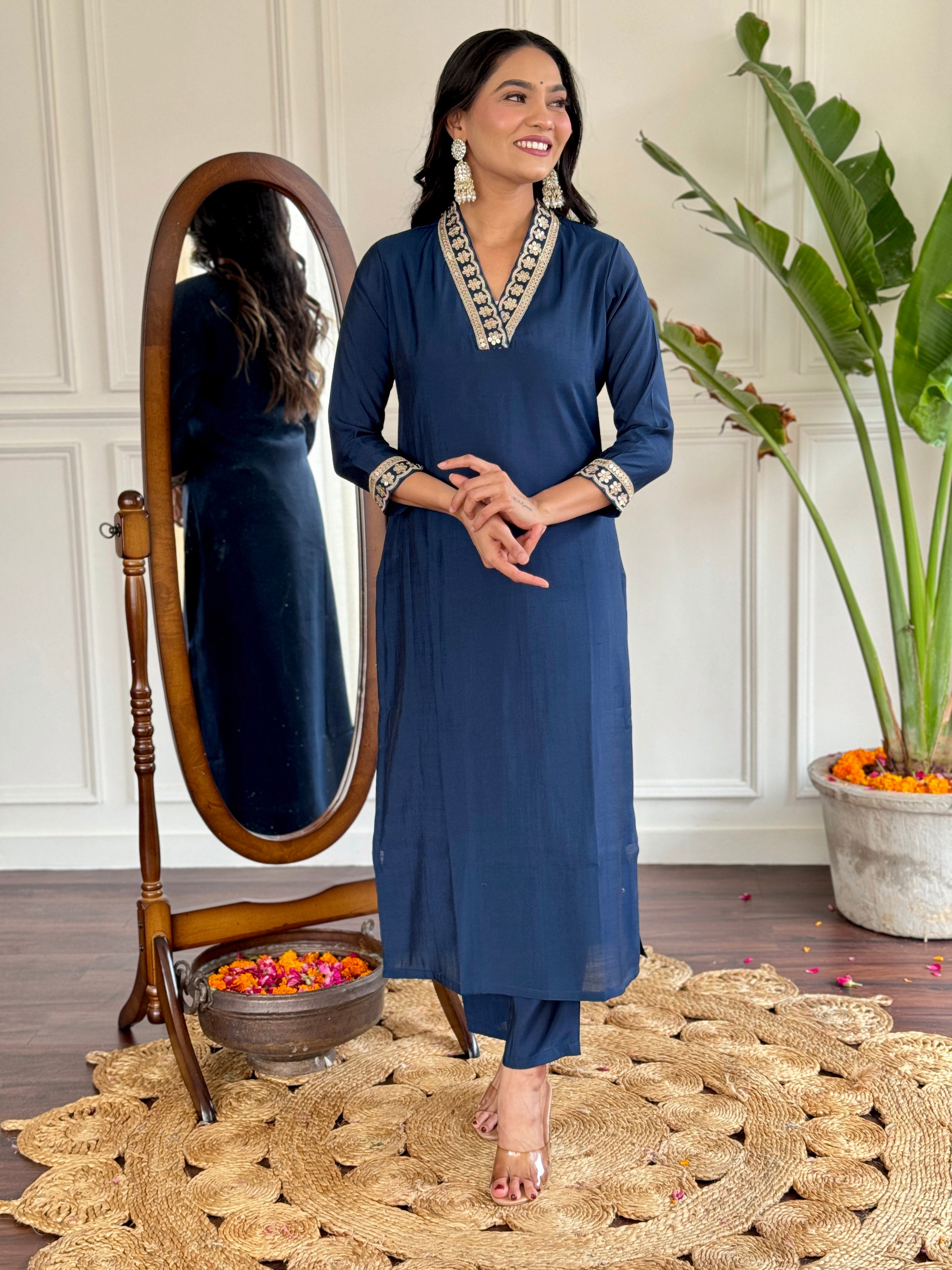 Blue Viscose Silk Elegant Kurta Pant Set With Embroidery Work