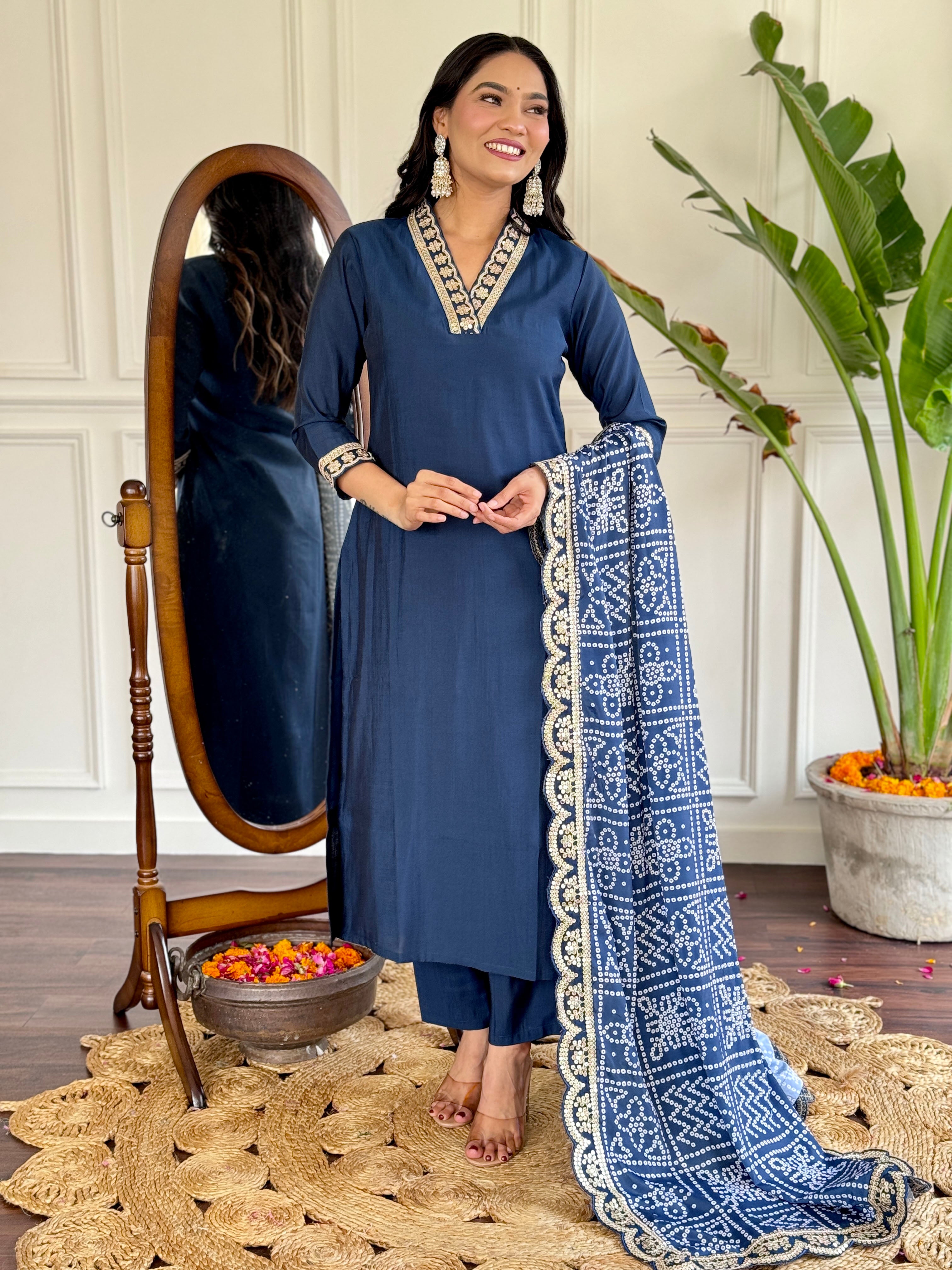 Blue Viscose Silk Elegant Kurta Pant Set With Embroidery Work