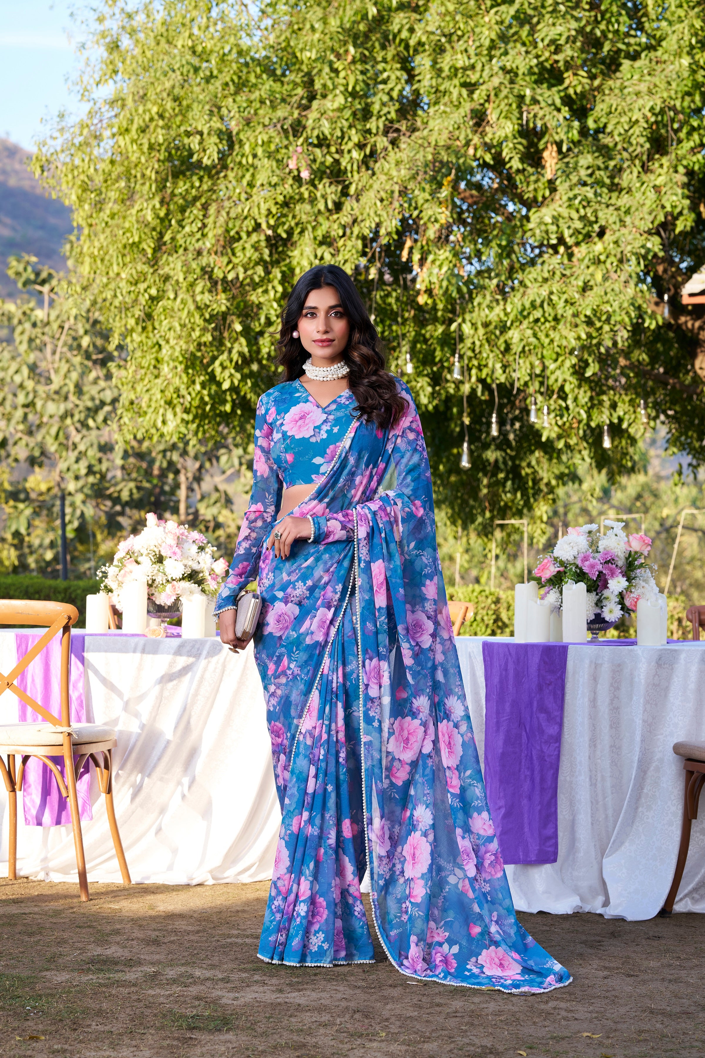 Blue Weightless Marble Print Saree with Pearl Lace Border