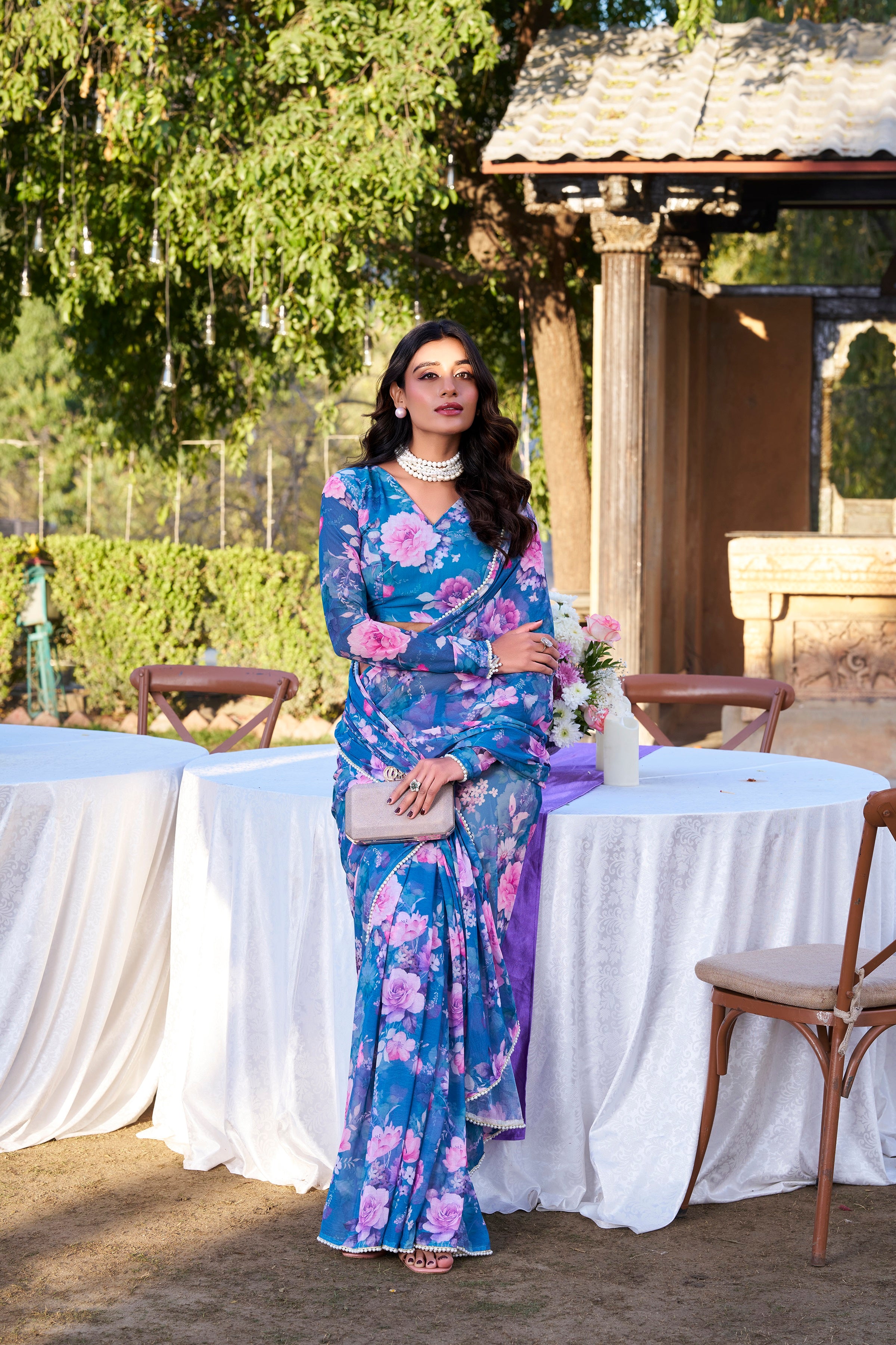 Blue Weightless Marble Print Saree with Pearl Lace Border