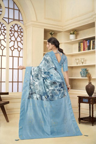 Blue Woven Jacquard Designer With Printed Rich Silk Stylish Ceremonial Saree