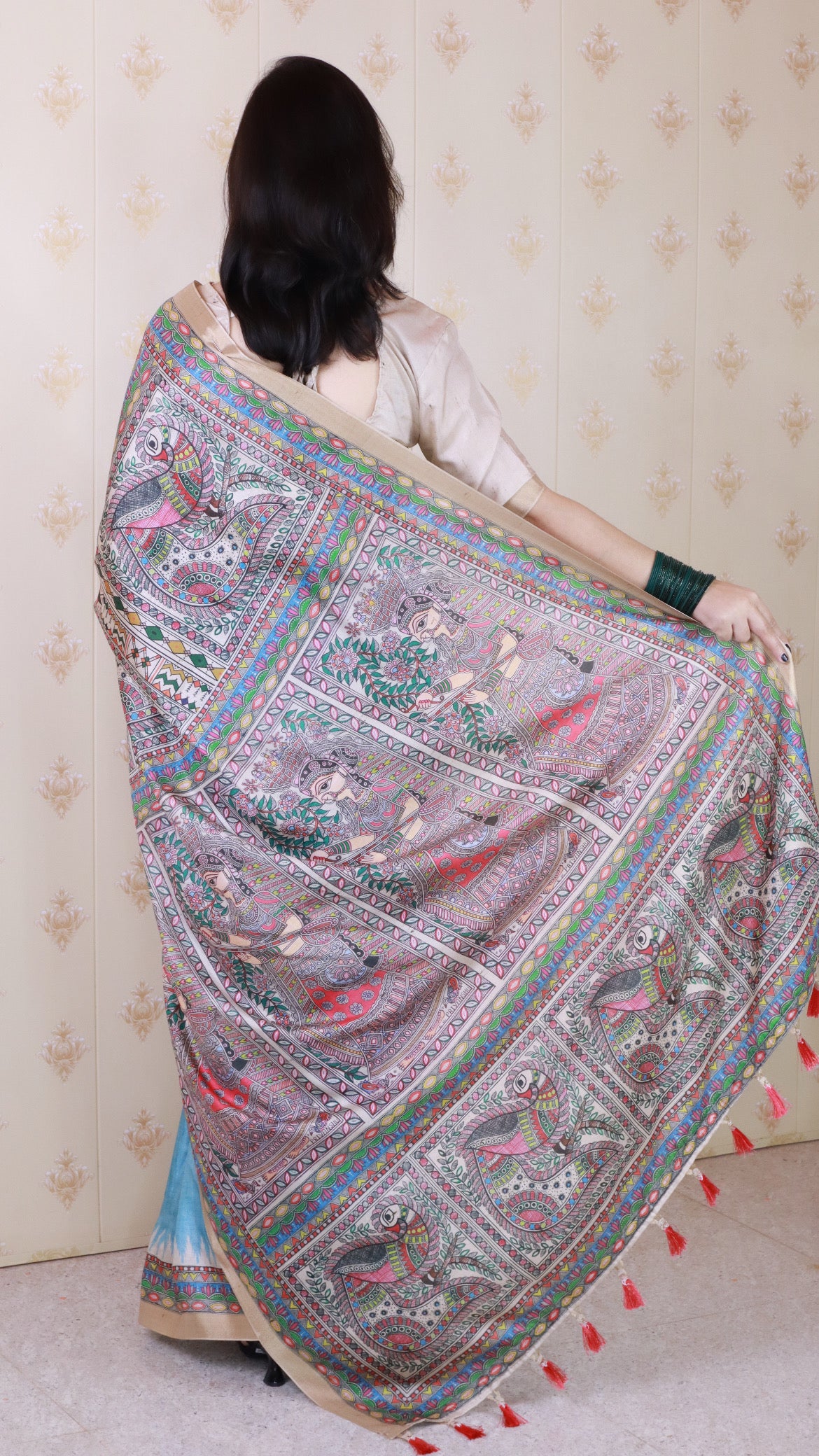 Blue Woven Jari Border Designer Madhubani Digital Printed Ethnic Tussar Silk Saree