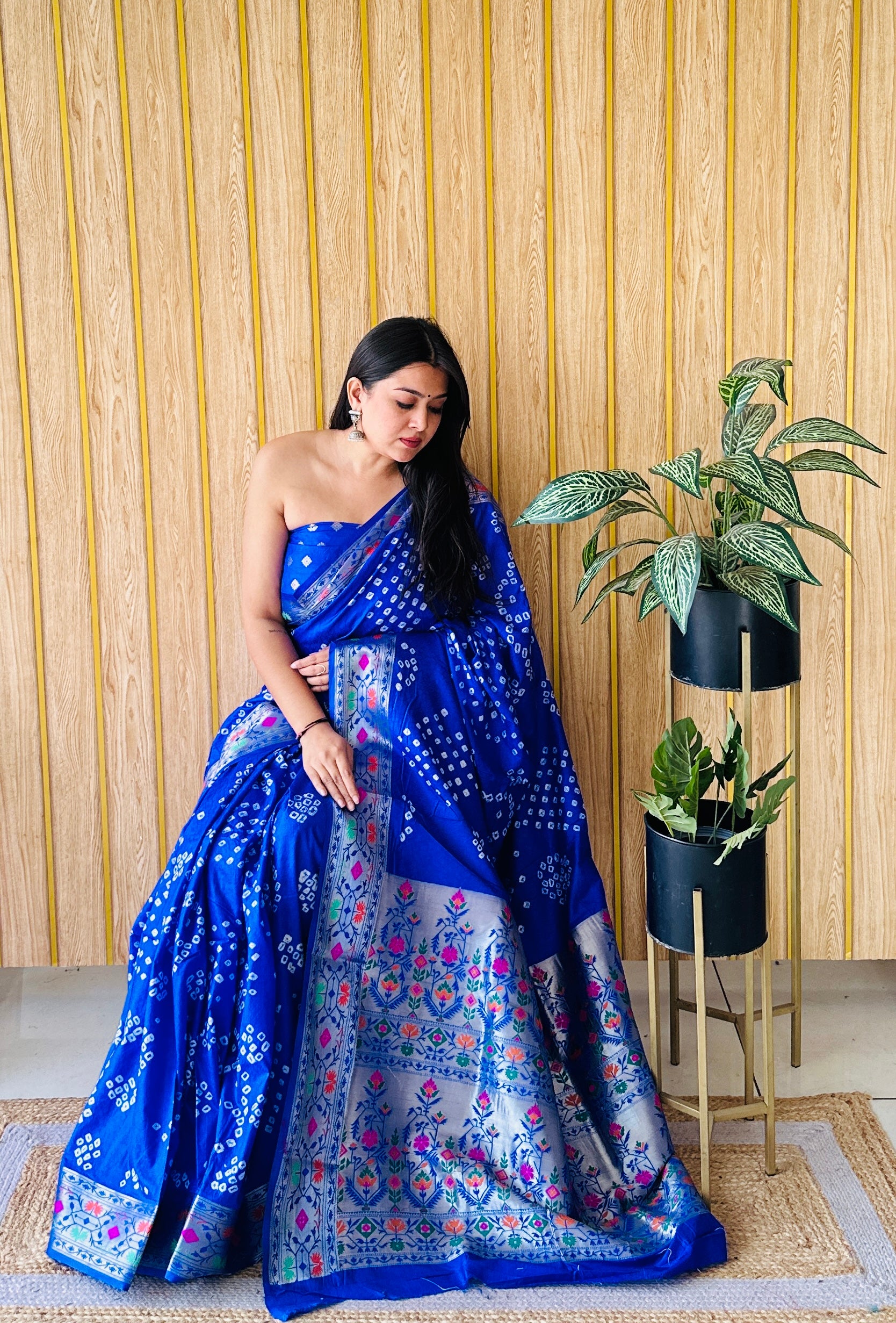 Blue Woven Paithani Designer With Bandhej Printed Beautiful Ceremonial Saree