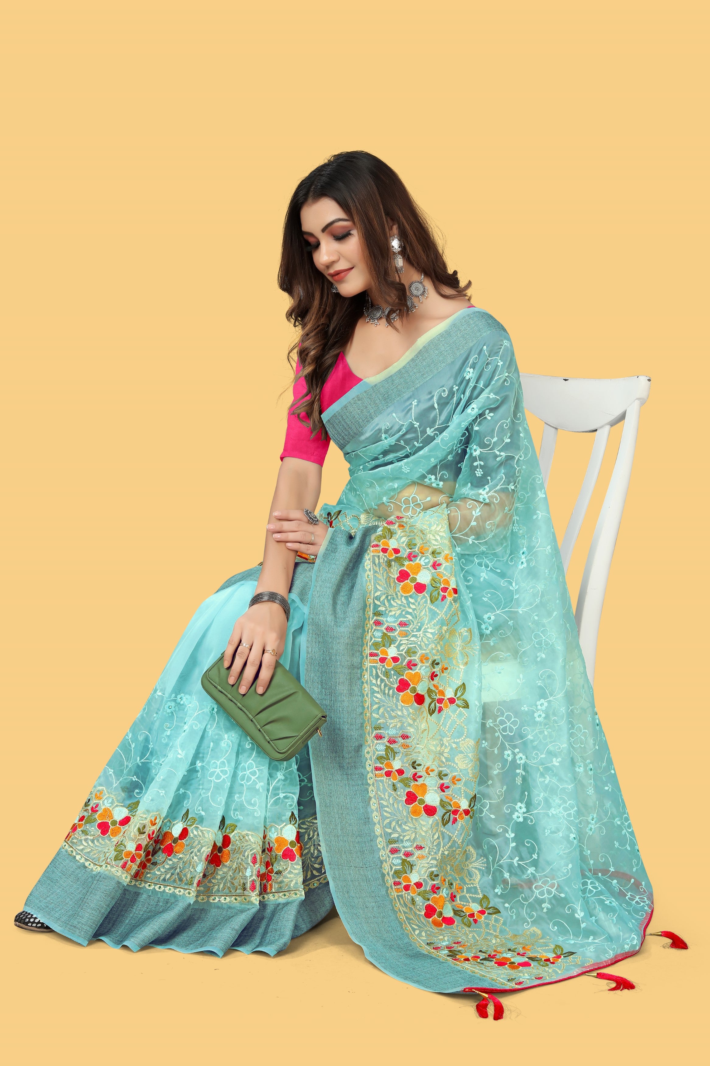 Blue Woven Patta Organza Silk Saree With Embroidery And Stone Work