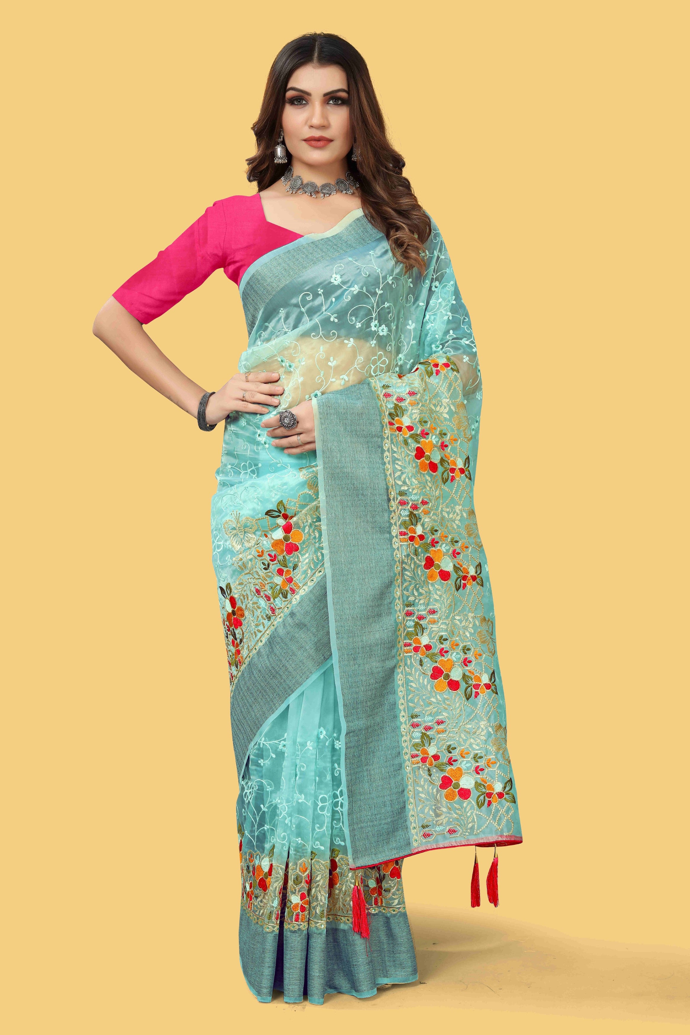 Blue Woven Patta Organza Silk Saree With Embroidery And Stone Work