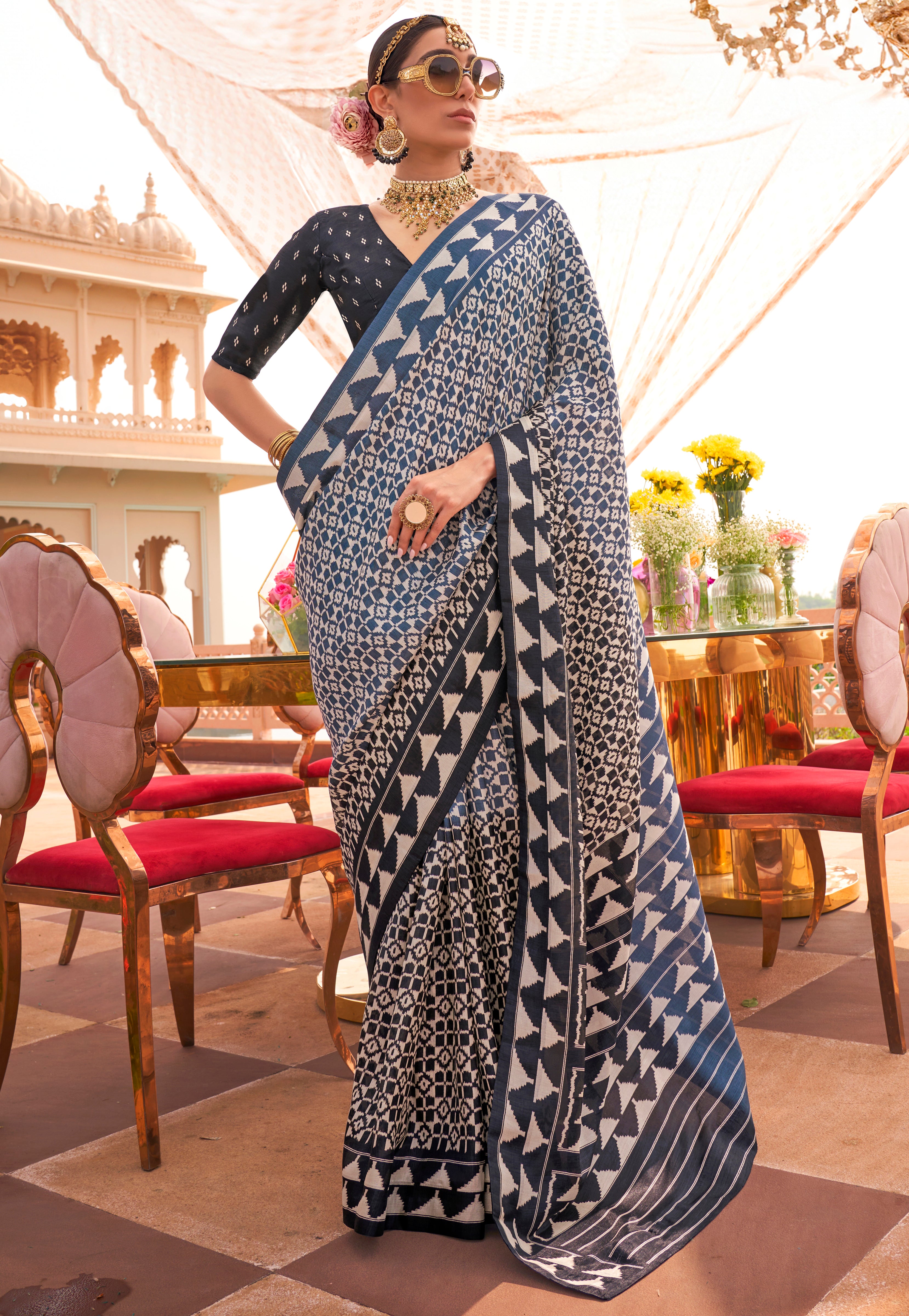 Blue and Grey Silk Saree With Patola Print