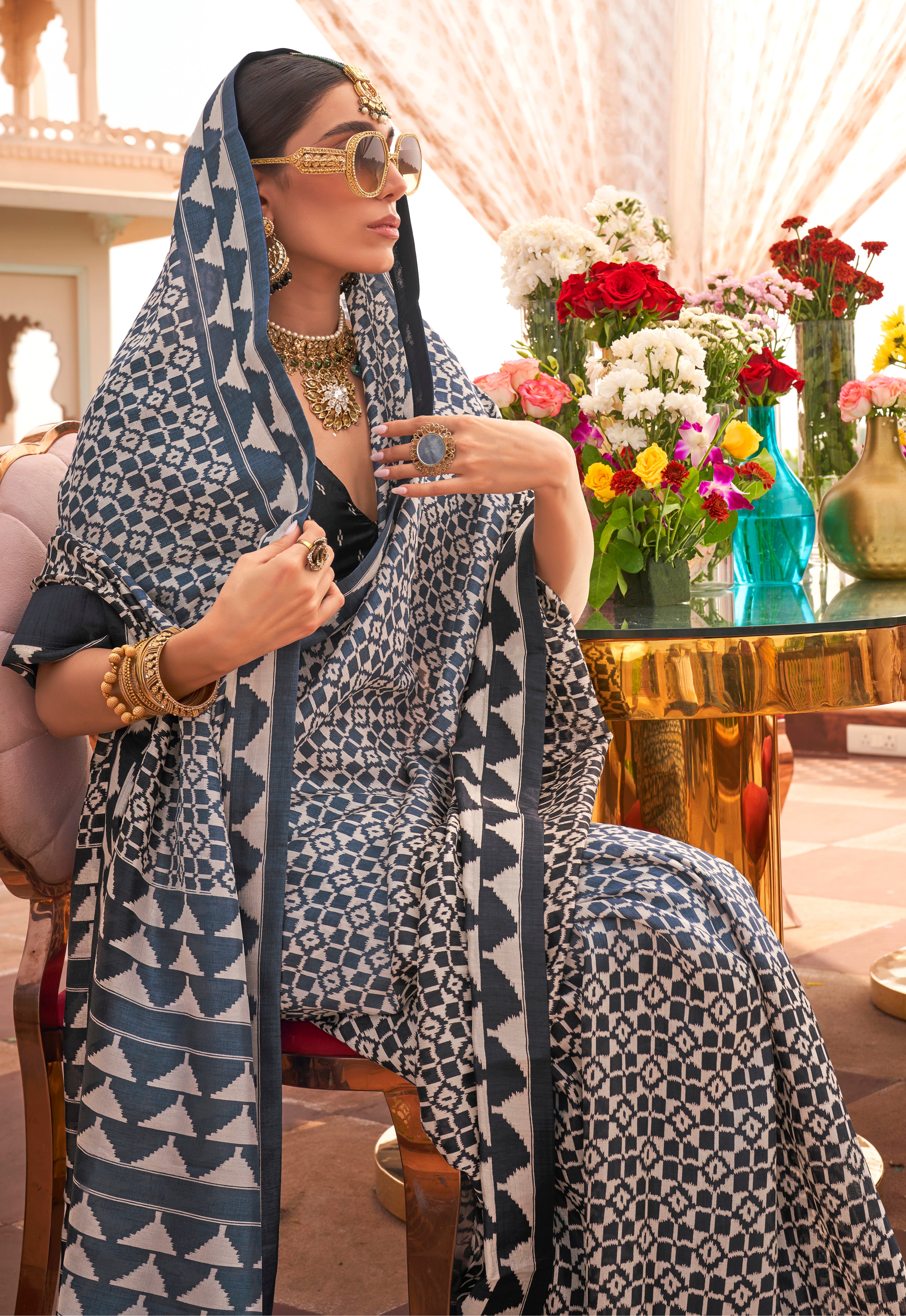 Blue and Grey Silk Saree With Patola Print