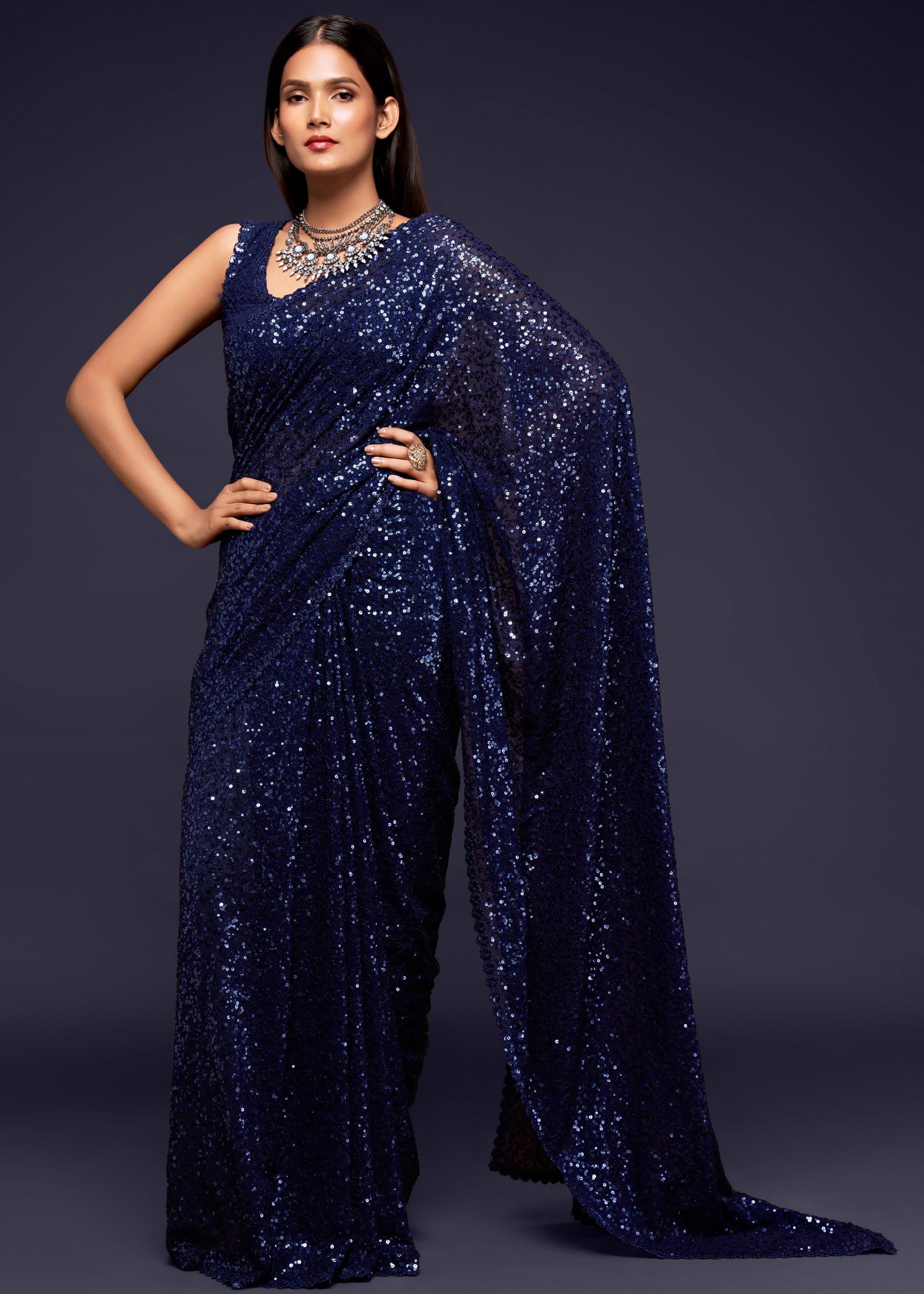 Blush Blue Georgette Saree with Thread Embroidery and Sequins Work
