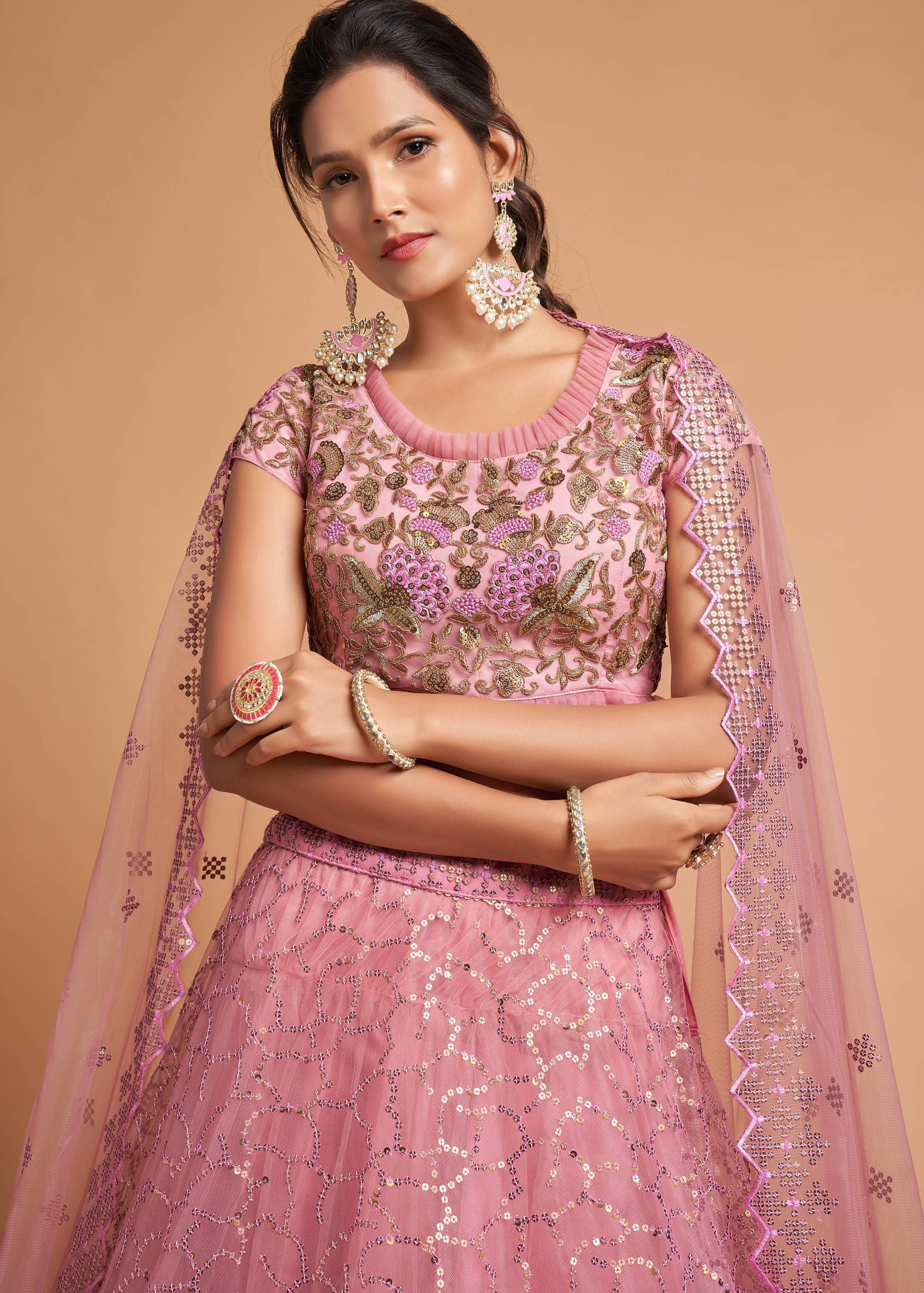 Blush Pink Lehenga Choli With Zari, Badla, Dori And Threads Embroidery Work
