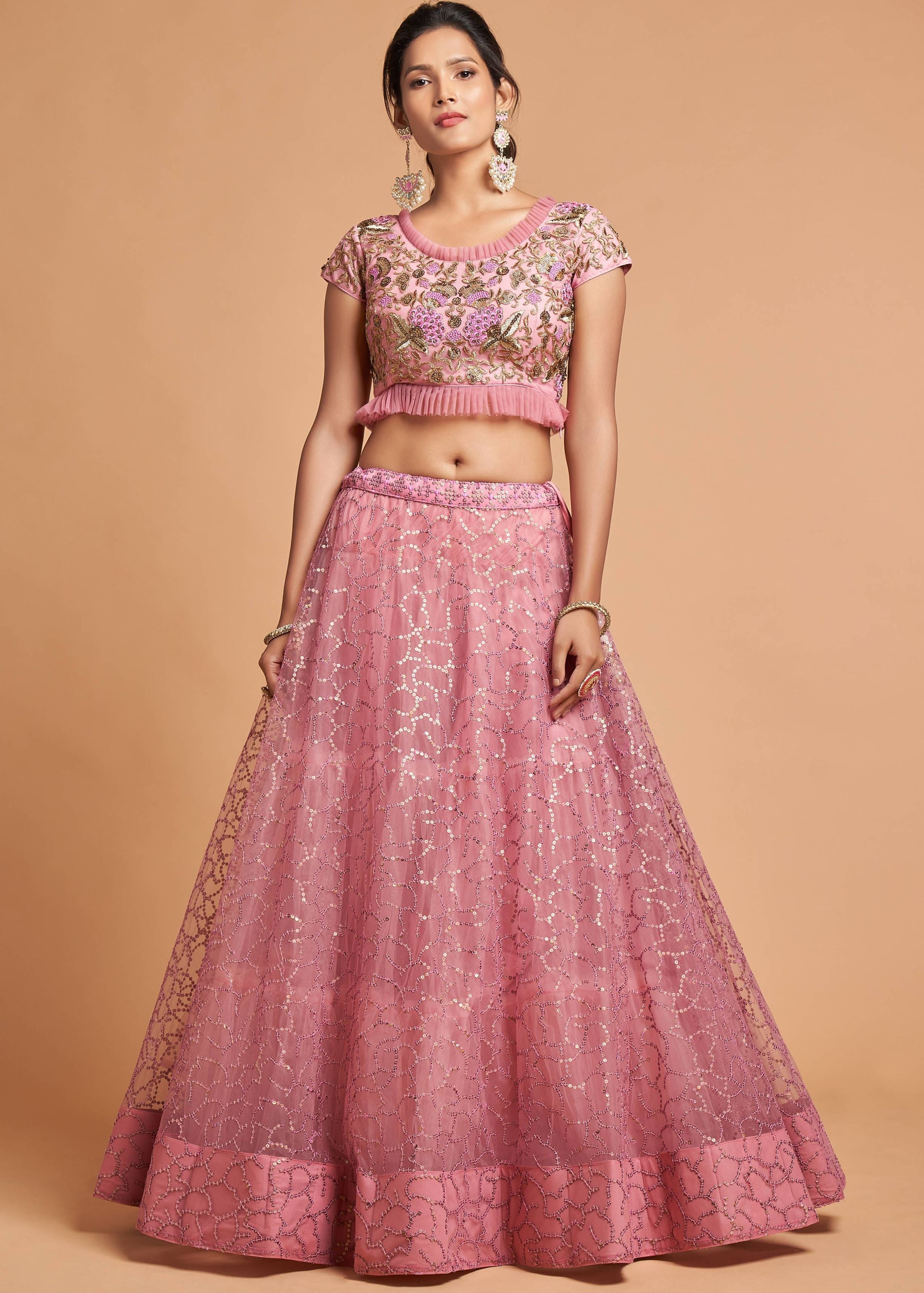 Blush Pink Lehenga Choli With Zari, Badla, Dori And Threads Embroidery Work