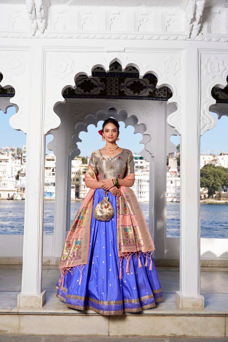 Bold In Blue Jacquard Silk Paithani Lehenga With Graceful Zari Weaving
