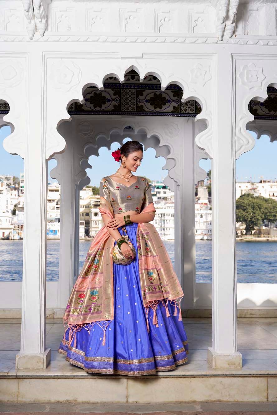 Bold In Blue Jacquard Silk Paithani Lehenga With Graceful Zari Weaving