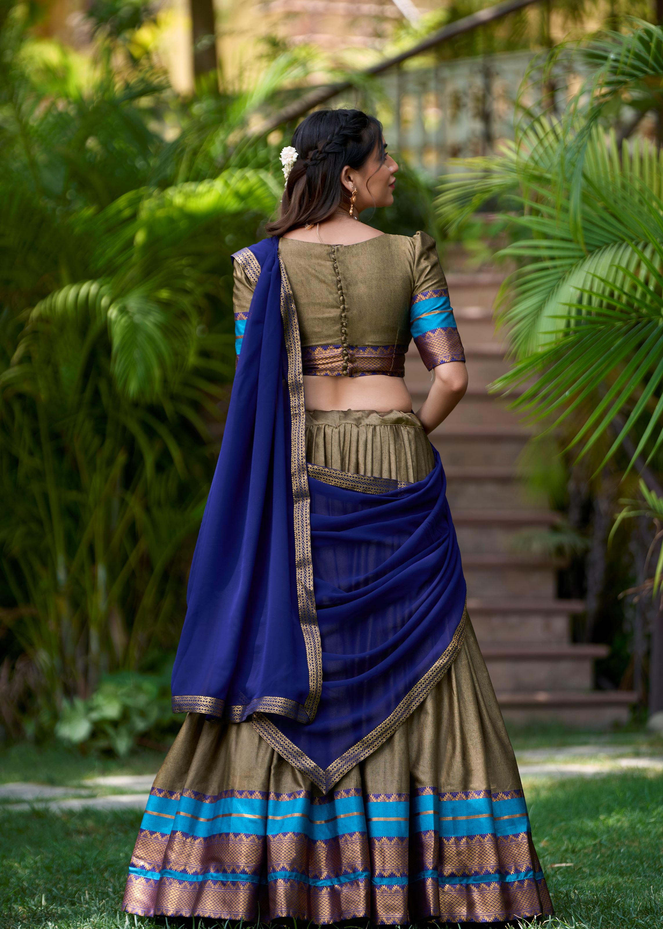 Bold & Beautiful In Chiku Poly Cotton Lehenga With Elegant Zari Weaving Work