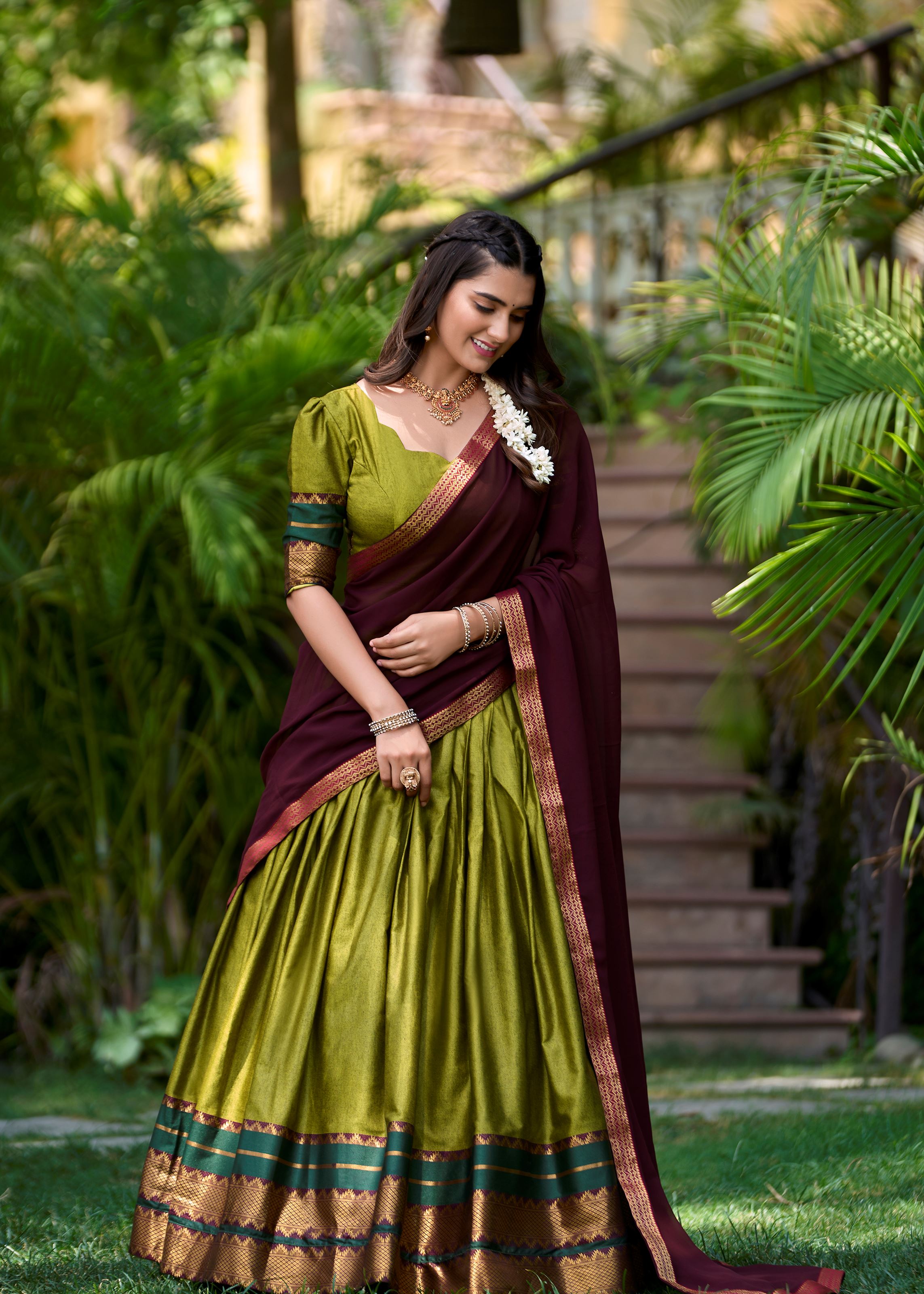 Bold & Beautiful In Olive Green Poly Cotton Lehenga With Elegant Zari Weaving Work