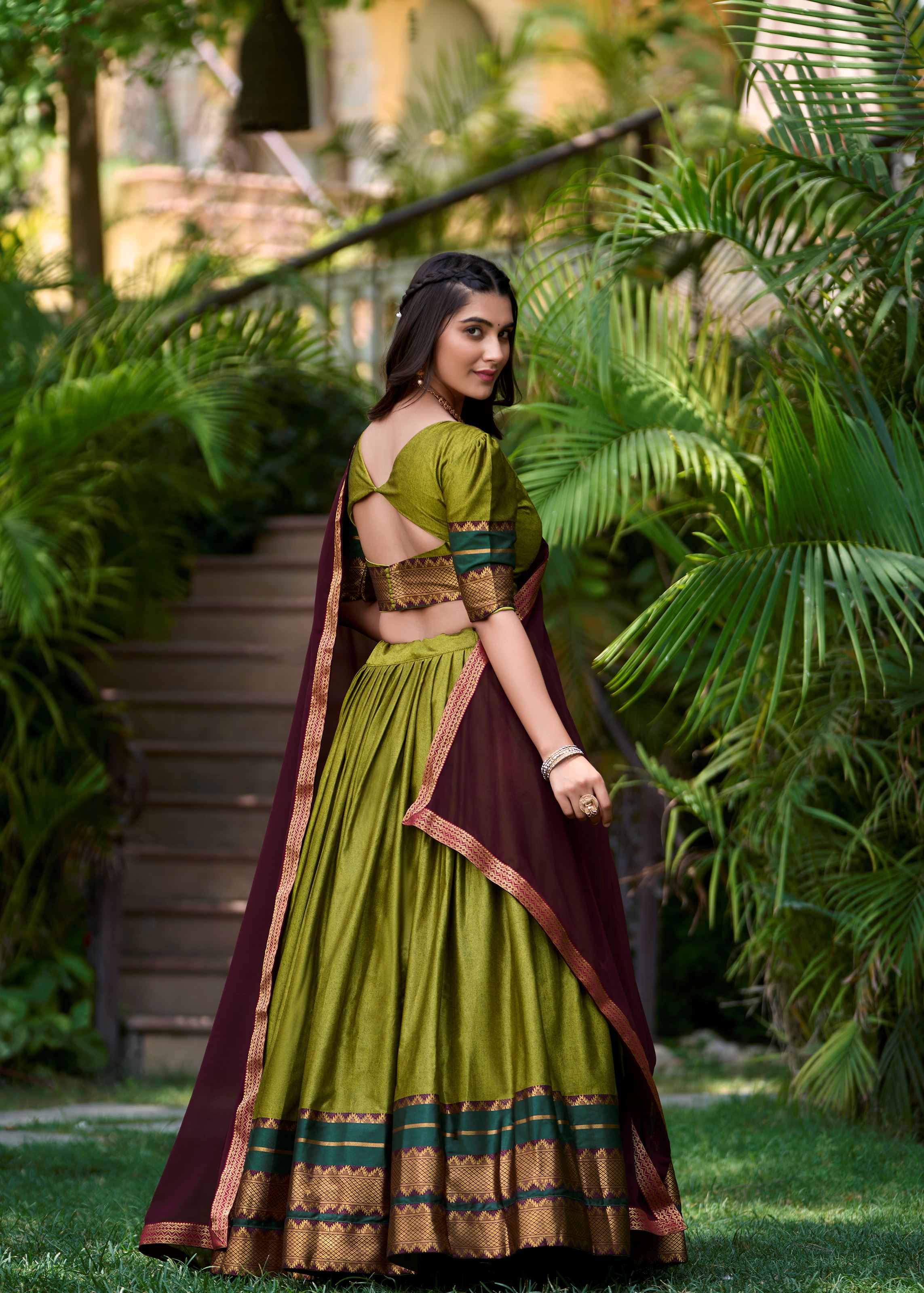 Bold & Beautiful In Olive Green Poly Cotton Lehenga With Elegant Zari Weaving Work
