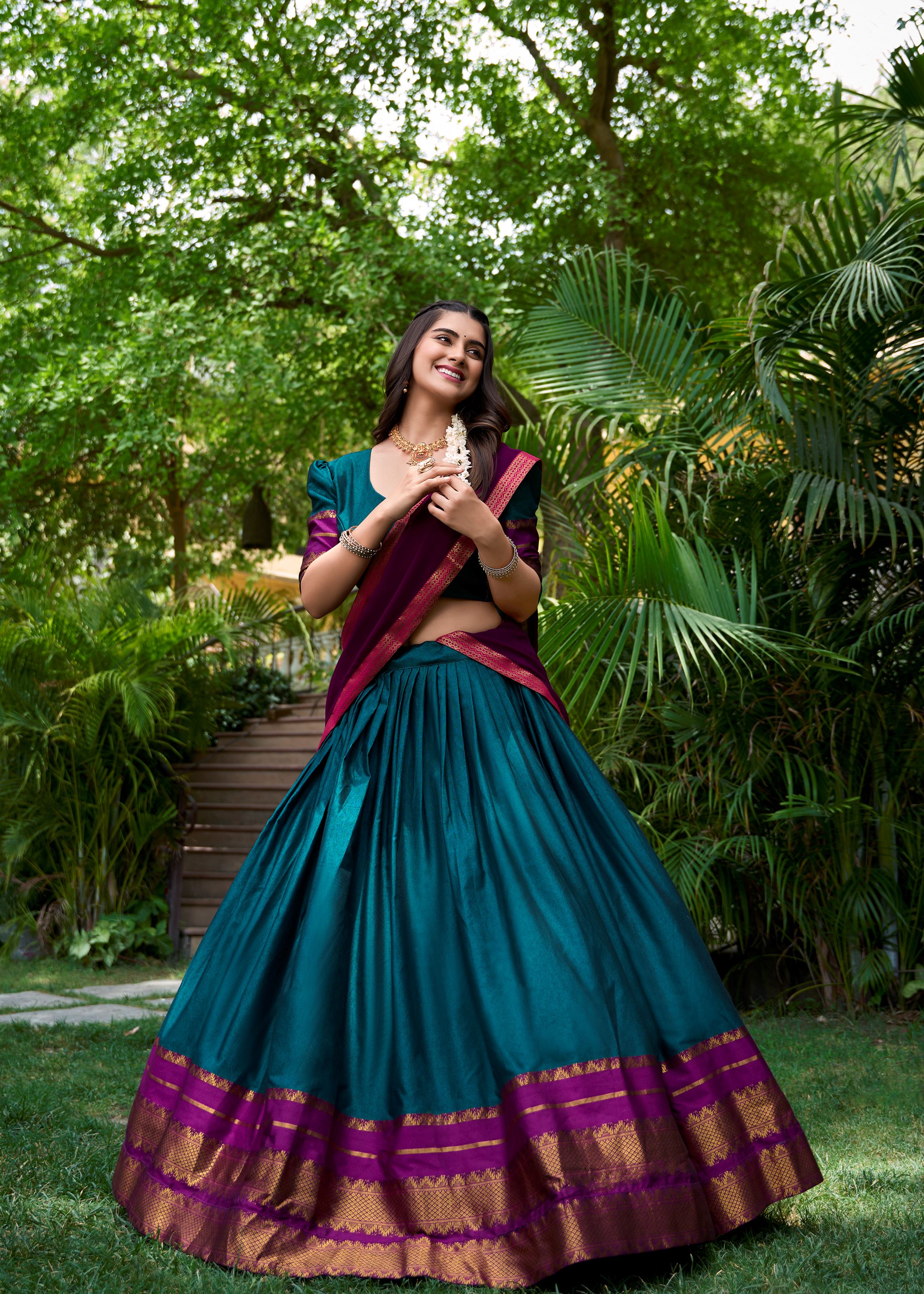 Bold & Beautiful In Teal Poly Cotton Lehenga With Elegant Zari Weaving Work