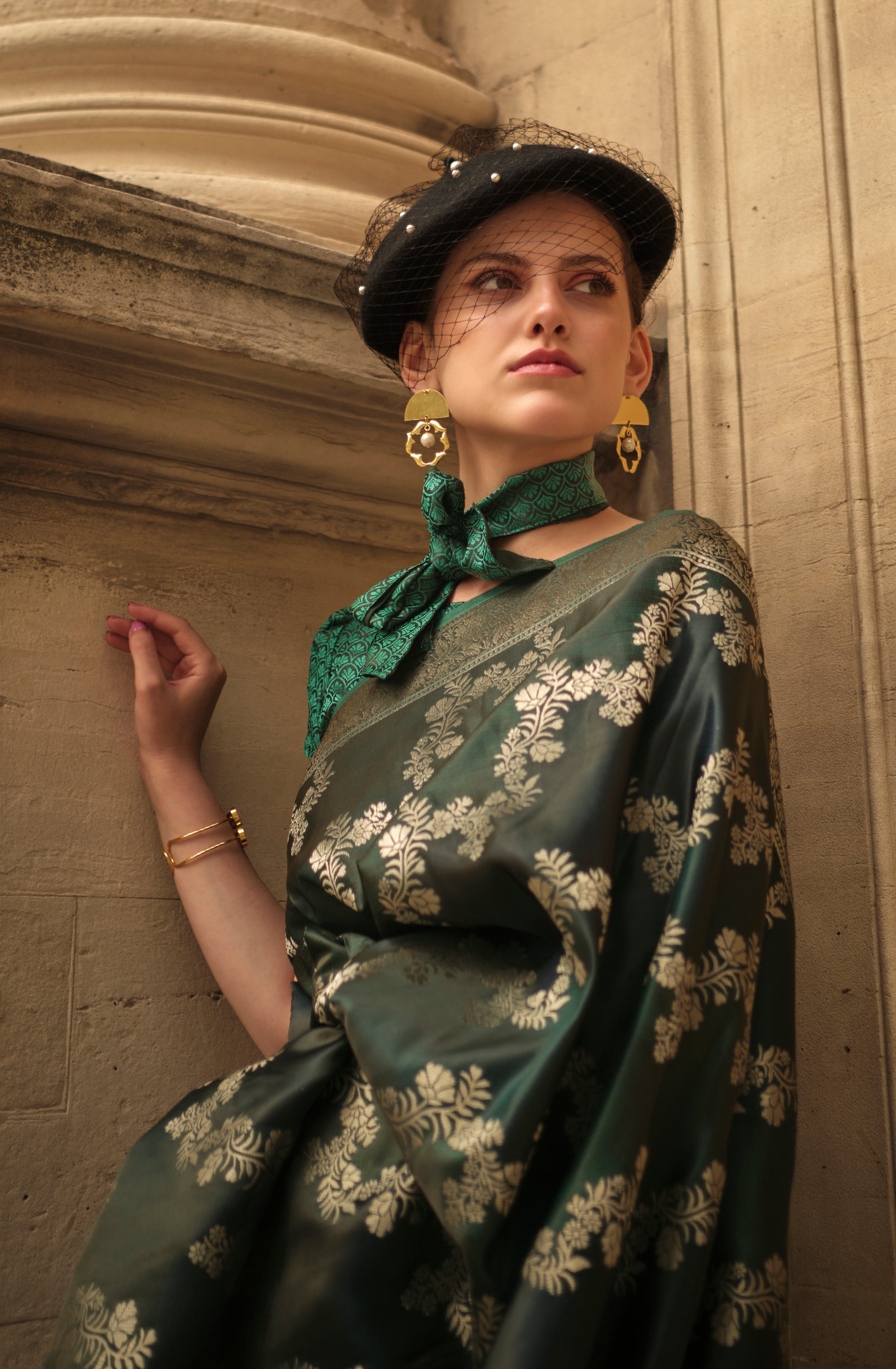 Bottel Green Ranghat Satin Saree With Woven Work