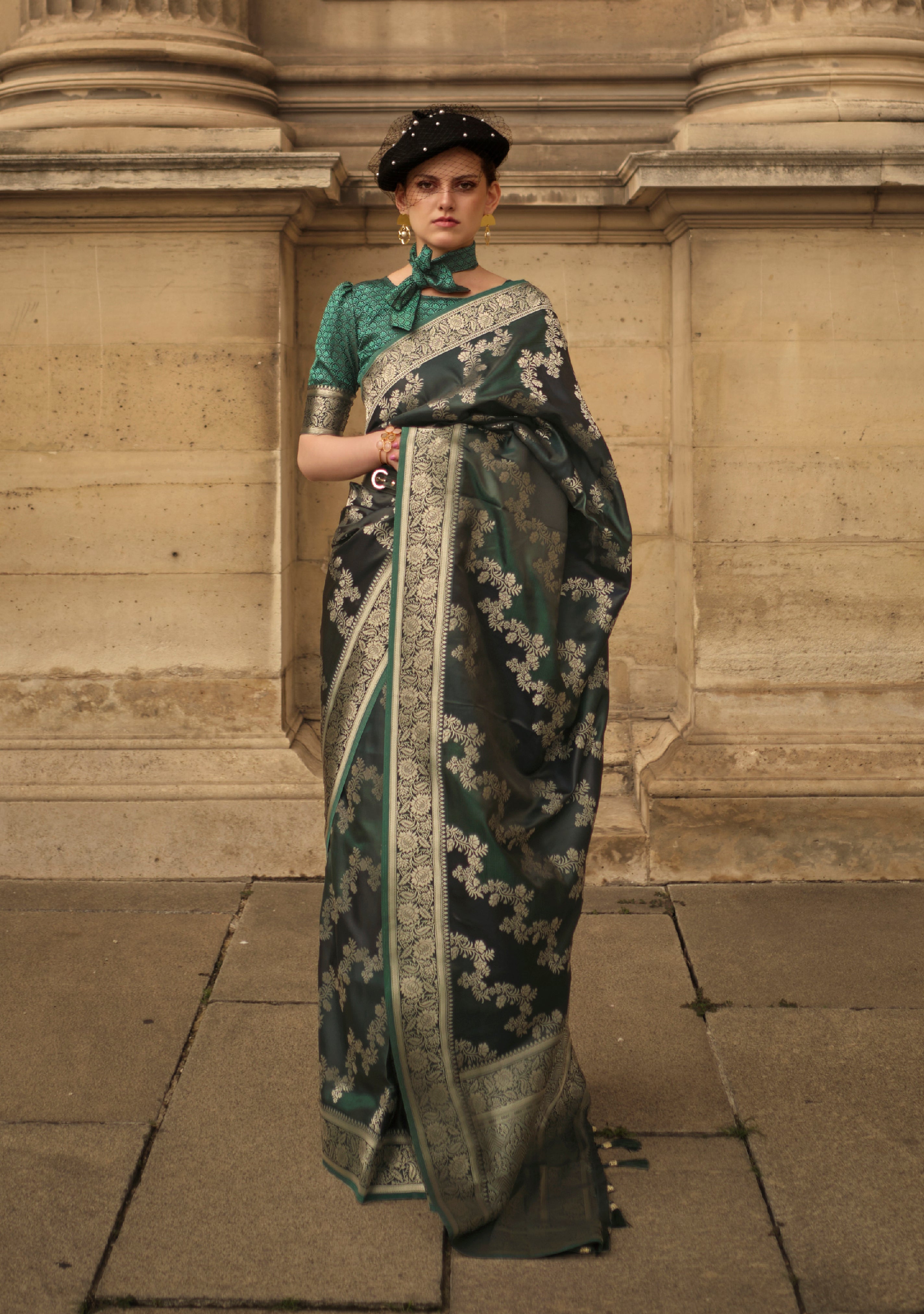 Bottel Green Ranghat Satin Saree With Woven Work